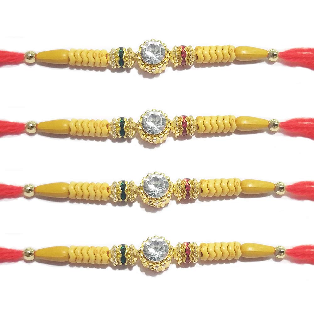 WhopperIndiaSet of 4 One Big Diamond in Center Traditional Rakshabandhan Rakhee Bracelet Color and Design May Vary