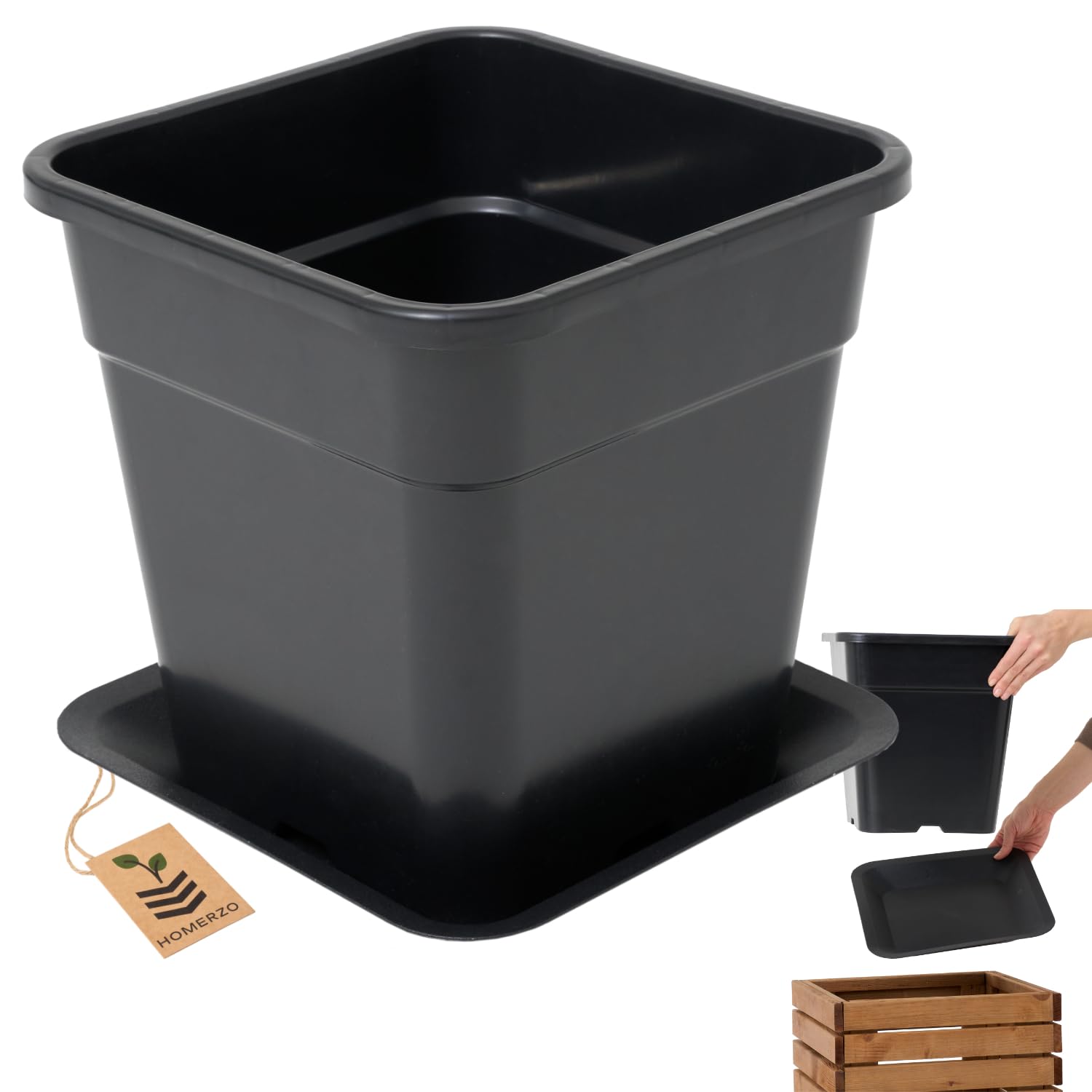 Vaso quadrato da 18 l, nero, per la coltivazione professionale con fori per il fondo, in plastica, 30 x 30 cm, sistema di drenaggio contro il ristagno (con sottovaso, 3 pezzi)