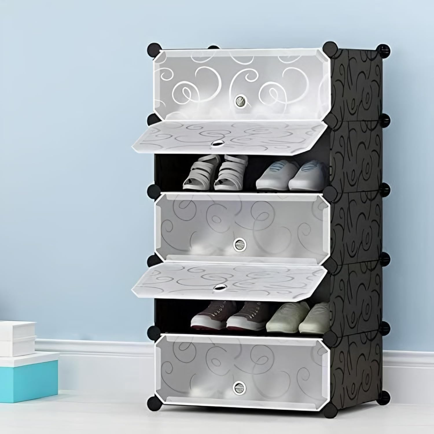 5 Shelf DIY Box Organizer | Multi-Purpose Plastic Shoe Rack for Home | Home Storage Shoe Rack with Door for Entryway, Chappal Slipper Sandals Shoe Stand with Metal Door Frame-image-25