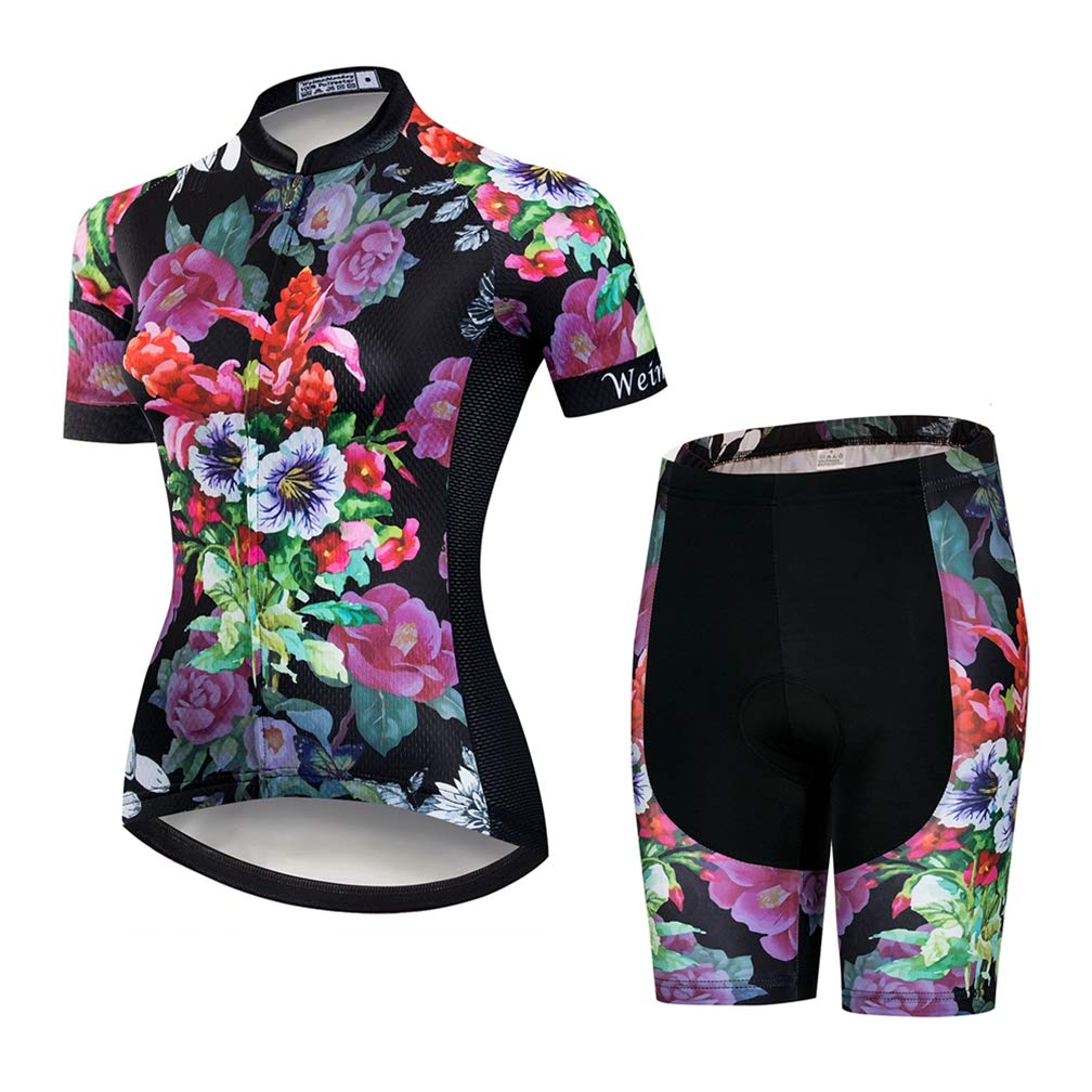 Womens Cycling Jersey Sets Sports Breathable Padded Cycling Clothing Cycling Wear Summer Purple Flower XL