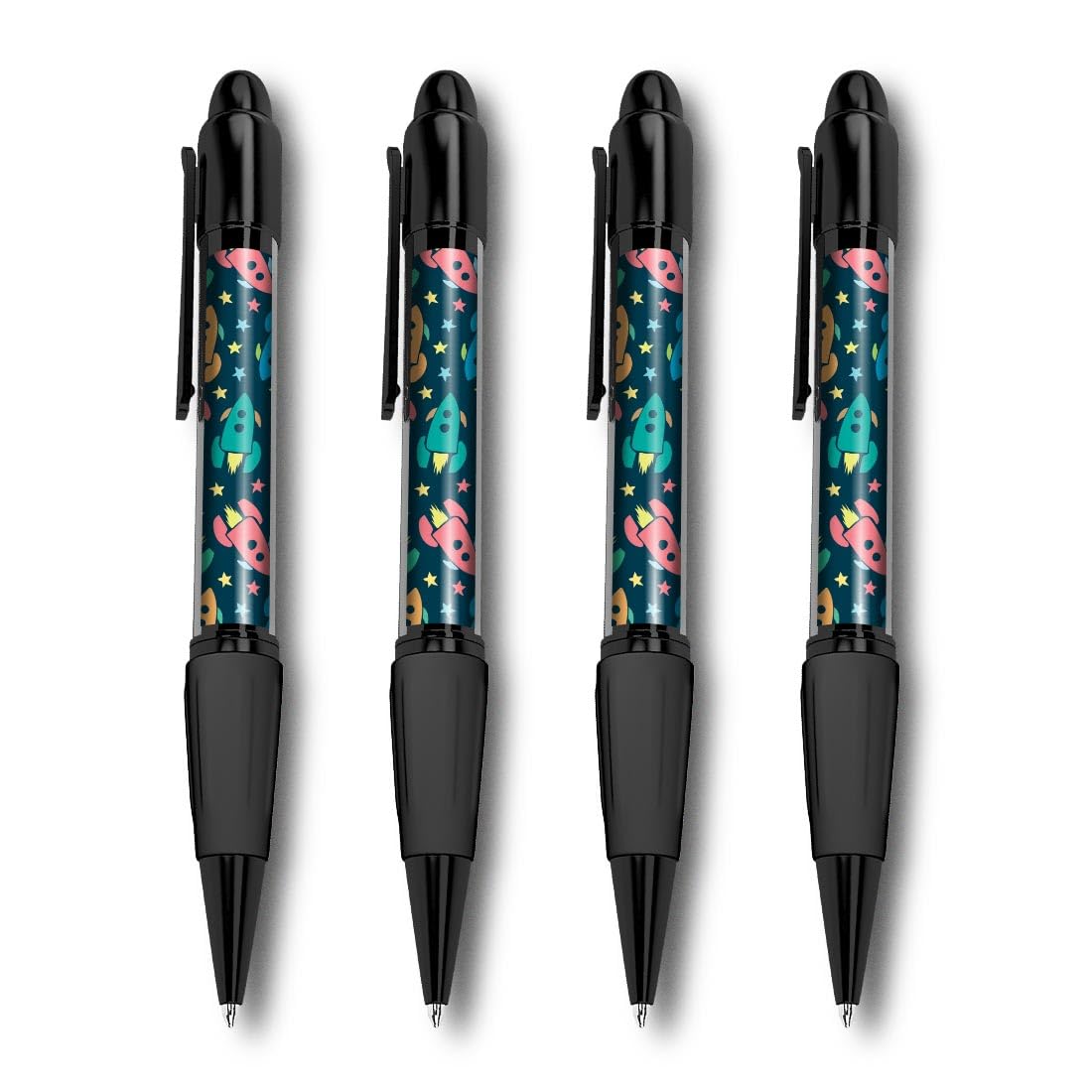 Set of 4 Black Ballpoint Pens (Photo Insert) - Space Rocket Stars Universe Kids Boys - Soft Feel Finger Grip #170877