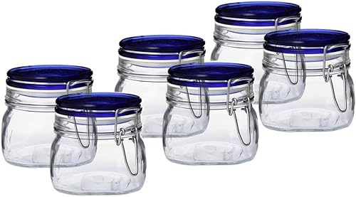 Bormioli Rocco Fido - Tarro cuadrado de vidrio con tapa azul, 0,5 litros (paquete de 6) (6 unidades)