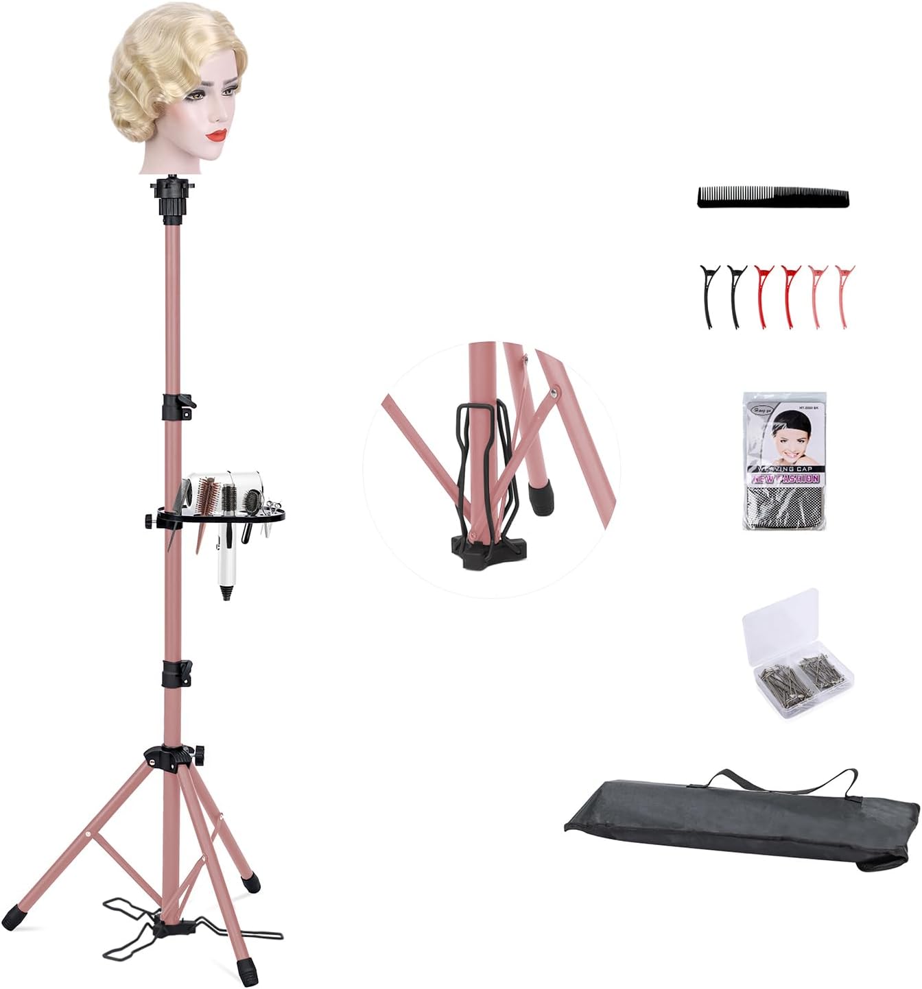 Klvied Metal Wig Stand Tripod with Foot Panel,Adjustable Mannequin Head Stand Tool Tray, Wig Head Stand for Styling,Tripod for Mannequin Head,Rose Golden