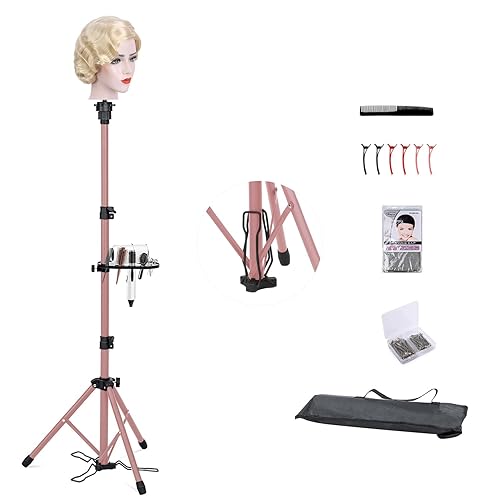 Miniatura 9 de Klvied Soporte para peluca, trípode ajustable, soporte de cabeza de maniquí con panel de pie, cabeza de peluca de metal reforzado con bandeja de