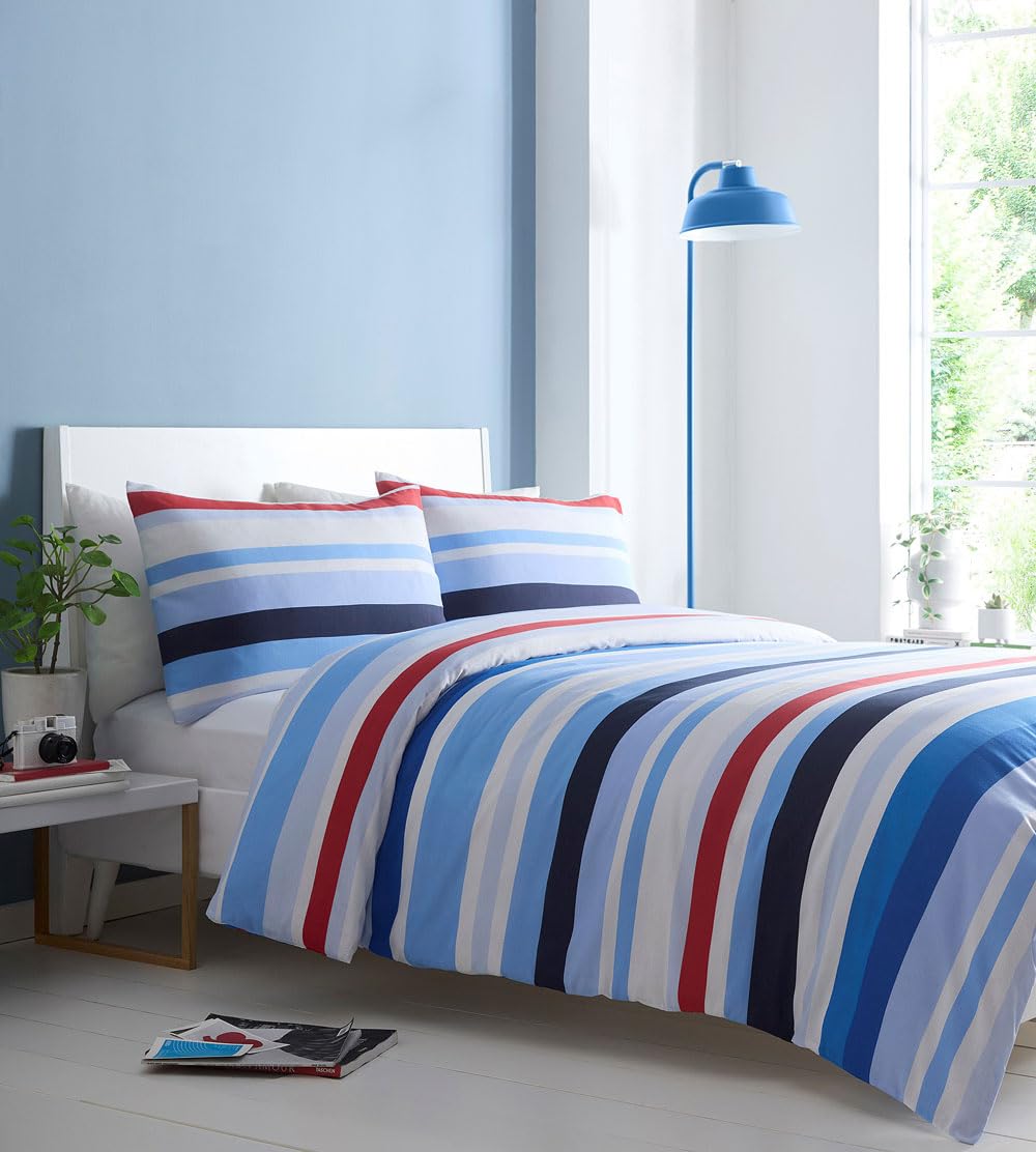 Duvet Set Red White Blue Stripes Quilt Cover Pillow Cases Bedding (King)
