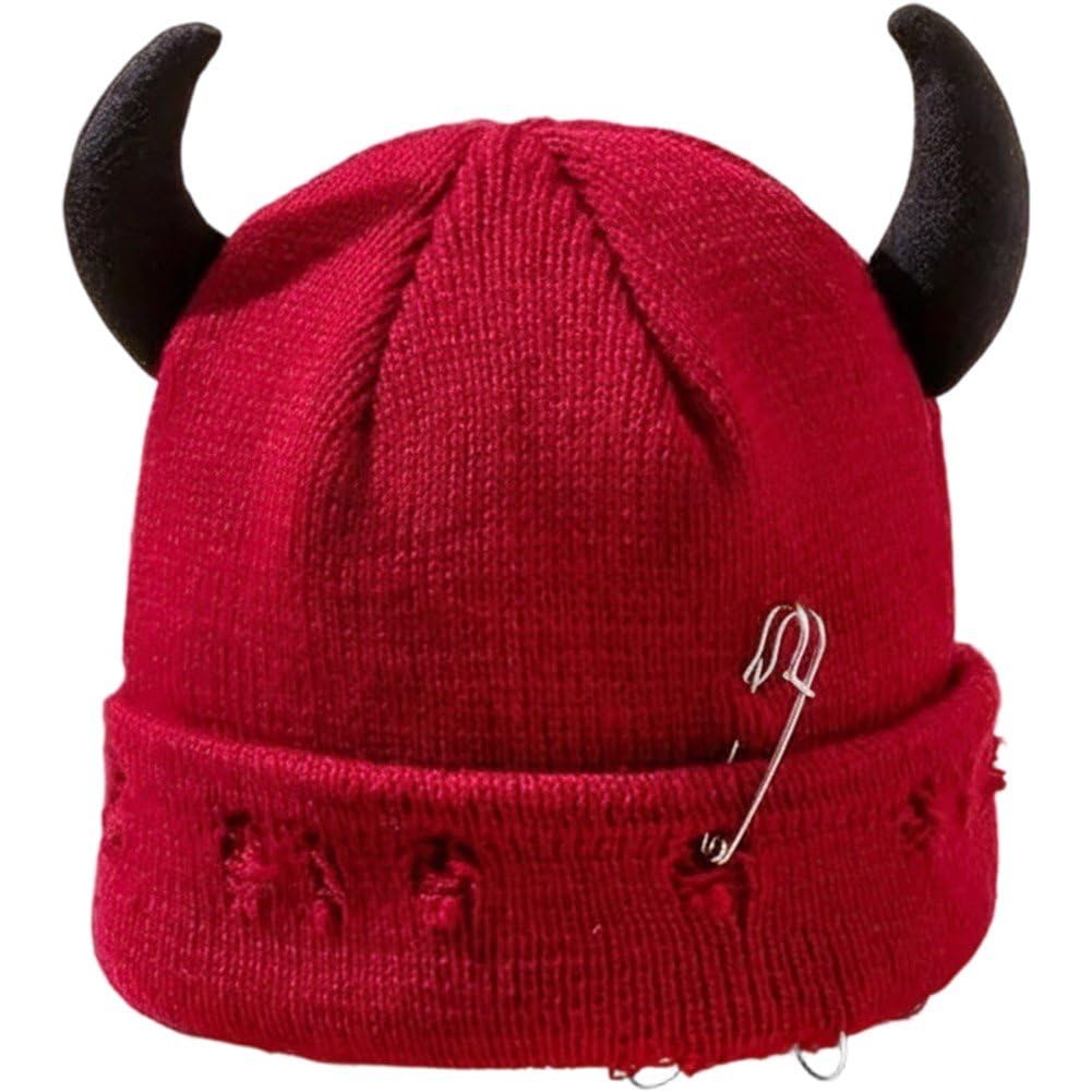 Ppmter Women's Red Gothic Devil Horn Knitted Beanies For Men Y2k Funny Crochet Skull Hat Winter Warm Cap Halloween Party Hat