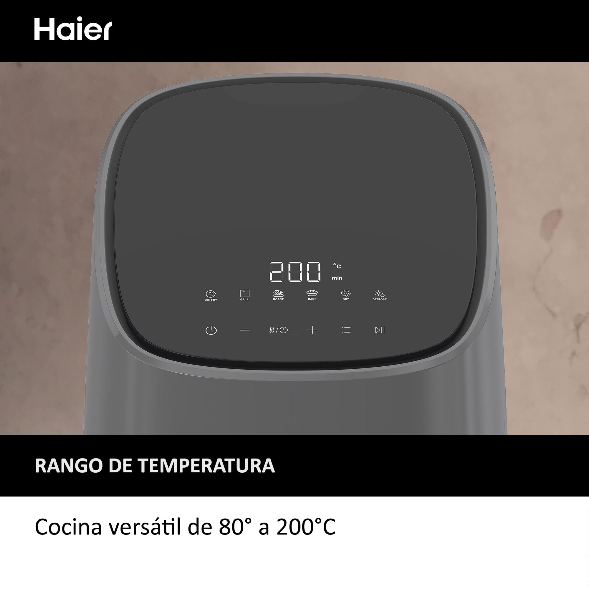 HAIER Freidora de Aire sin Aceite de 5L, Pantalla Táctil, 6 en 1, Air Fryer, Hornear, Asar, Parilla, Deshidratar, Descongelar, para 4 Personas
