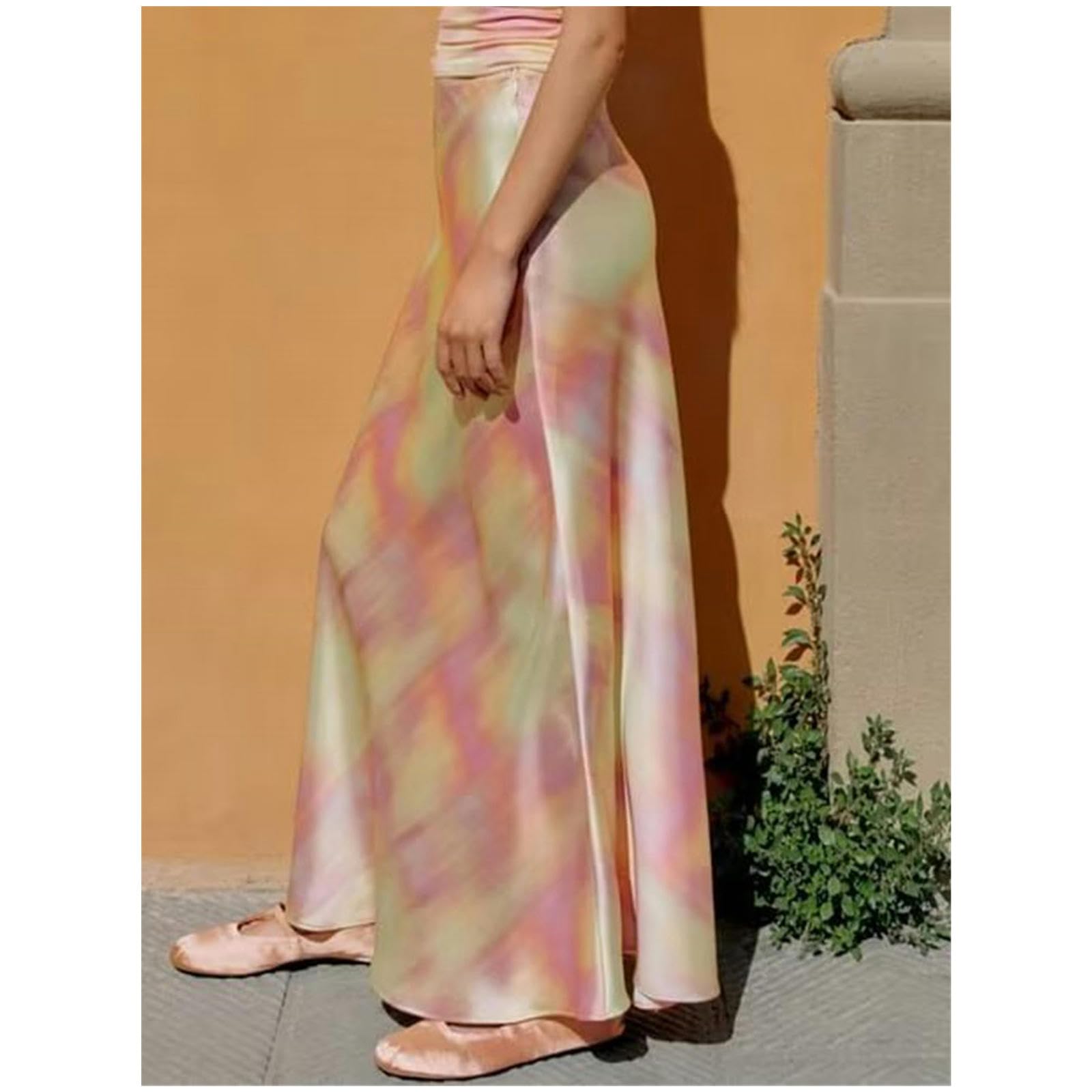 NOGRAX Długa spódnica damska letnie satynowe spódnice moda tie-dye zamek błyskawiczny damska elegancka ulica spódnica do kostek odzież
