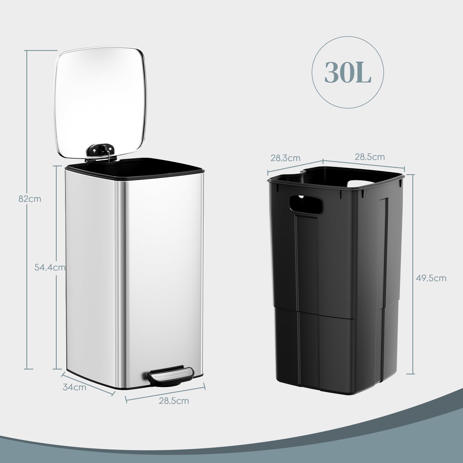 LIFERUN Mülleimer 30L aus Stahl, rechteckiger Abfalleimer mit Soft-Close-Deckel, Pedal und Inneneimer, Offenhaltefunktion, Treteimer für Küche, Wohnbereich und Büro, Silber