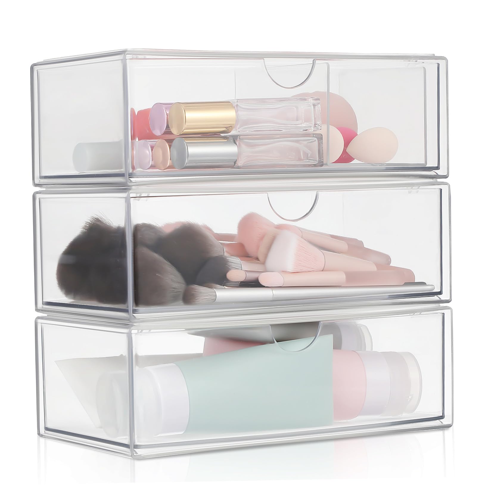 3 piezas Caja Organizadora Maquillaje Transparente con Tapa Organizador de Cosméticos con Compartimentos para Lápices Labiales y Algodón Almacenamiento Compacto y Resistente para