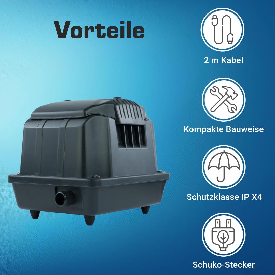 Teichbelüfter 1800 L/H stufenlos regulierbar, 25 Watt Sauerstoffpumpe für Teich, Membranpumpe 30 L/Min, Teichbelüftung, Luftpumpe Teich, Belüfterpumpe für Gartenteiche, Teichbelüftungspumpe