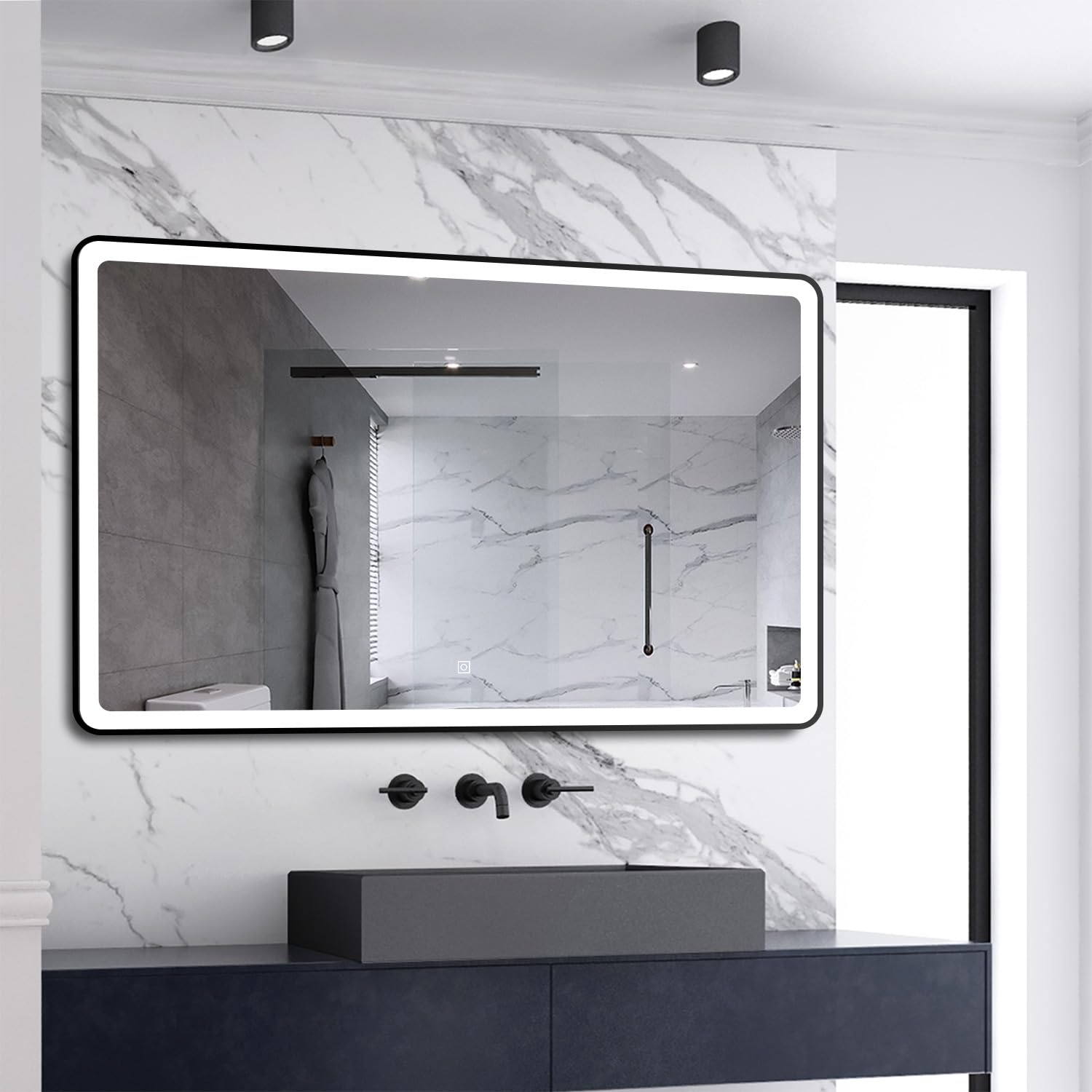 Skybathroom 1200x700mm Black Framed LED Bathroom Mirror With 3 Colour Lights Dimmable Brightness,Memory Function,Anti-fog,IP44