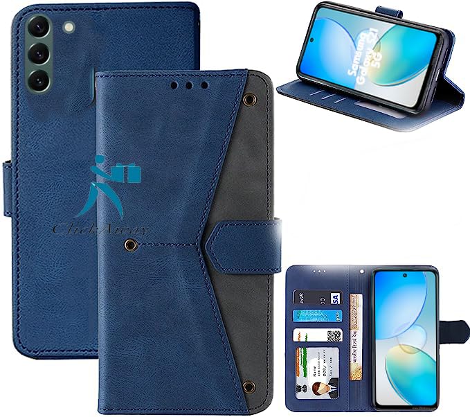 Compatible with Samsung Galaxy S21 5G Wallet Case-Genuine Leather- Card Holders-Shockproof TPU Shell-Kickstand-Durable Flip Cover-Book Folding Phone Case Women Men Blue