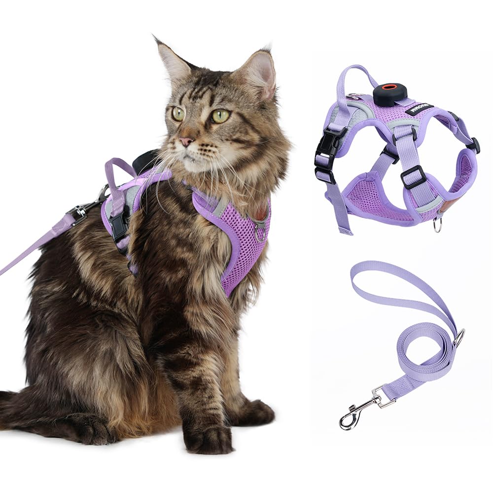 Cat Harness and Leash Set With AirTag Holder, Upgraded Escape Proof Adjustable Kitten Vest with Lead for Small Cat Outdoor Walking, Soft Breathable Mesh Jacket with Reflective Strips S, Purple — image 1