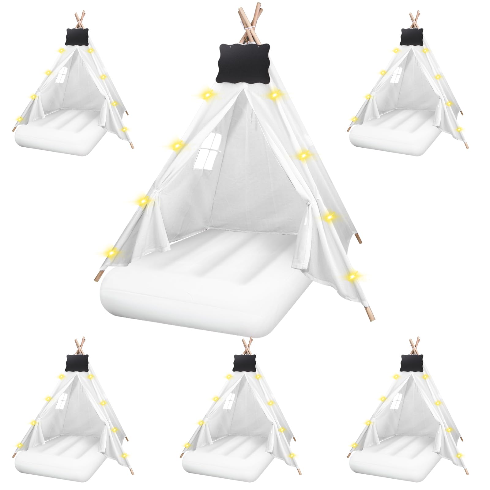 MBJZSL 6 Pcs Kids Teepee Tent Bulk with Light String Inflatable Airbed Bedding Fitted Sheet and Markeable Small Blackboards for Boys Girls Indoor Outdoor Slumber Party (White)