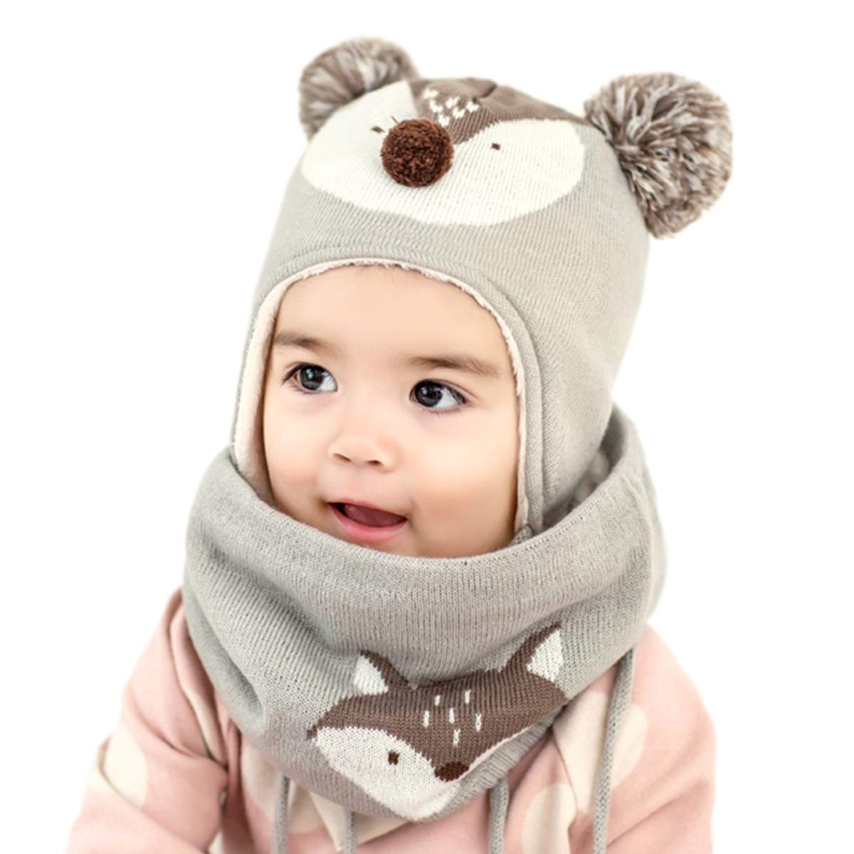 DORRISO Linda Bebe Niño Niña Sombrero y Bufanda Conjunto Calentar Cómodo Niño Niña Gorro Otoño Invierno Primavera Pequeña Zorro Gorro Bufanda Sombrero de Niño para 1-7 años