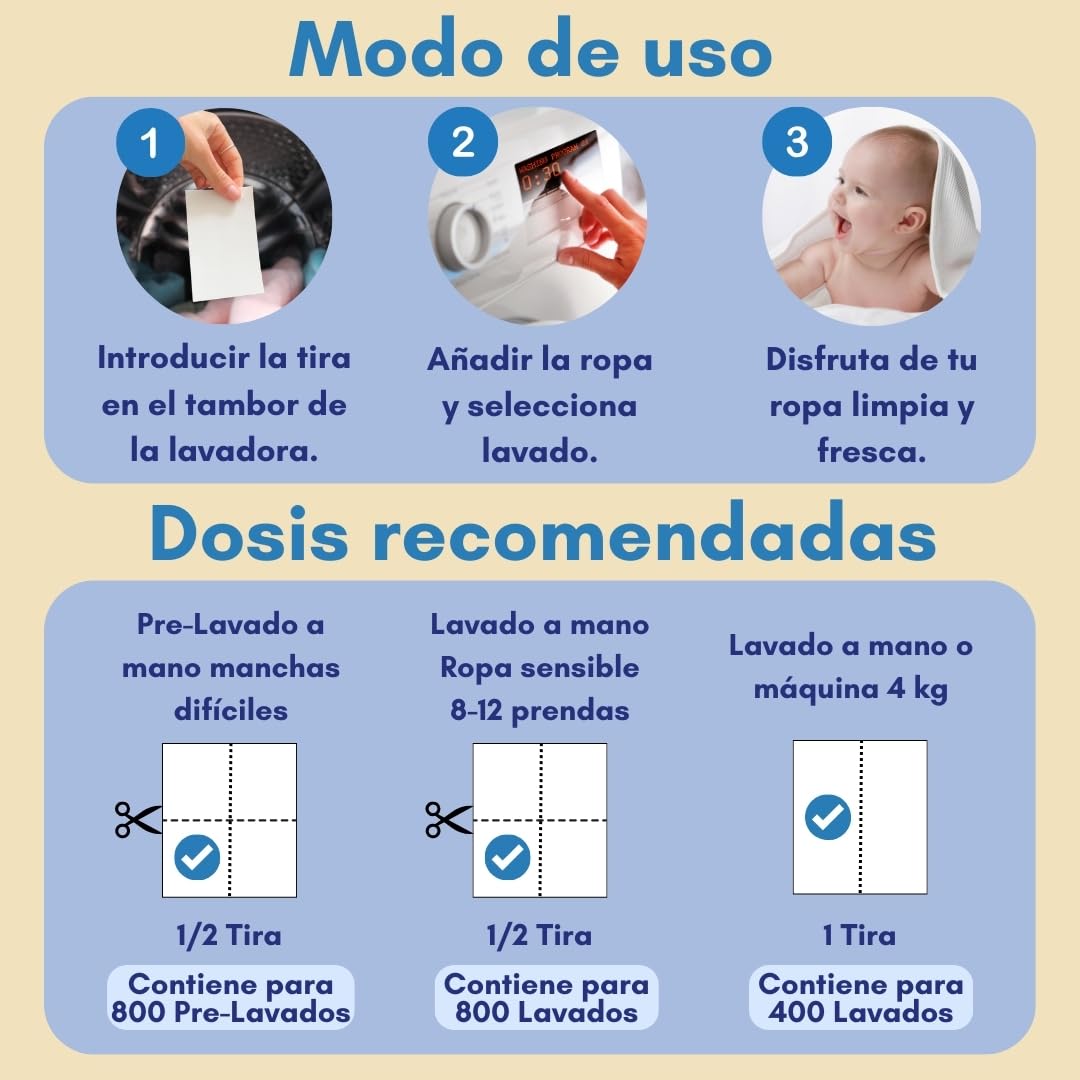 Detergente en Tiras Concentrado para Ropa de Bebé (Máximo 800 Lavados) – Hipoalergénico, Ecológico, para Pieles Sensibles, Biodegradable, Vegano, Sin Plásticos – Pack de 10 Unidades (Sin fragancia)
