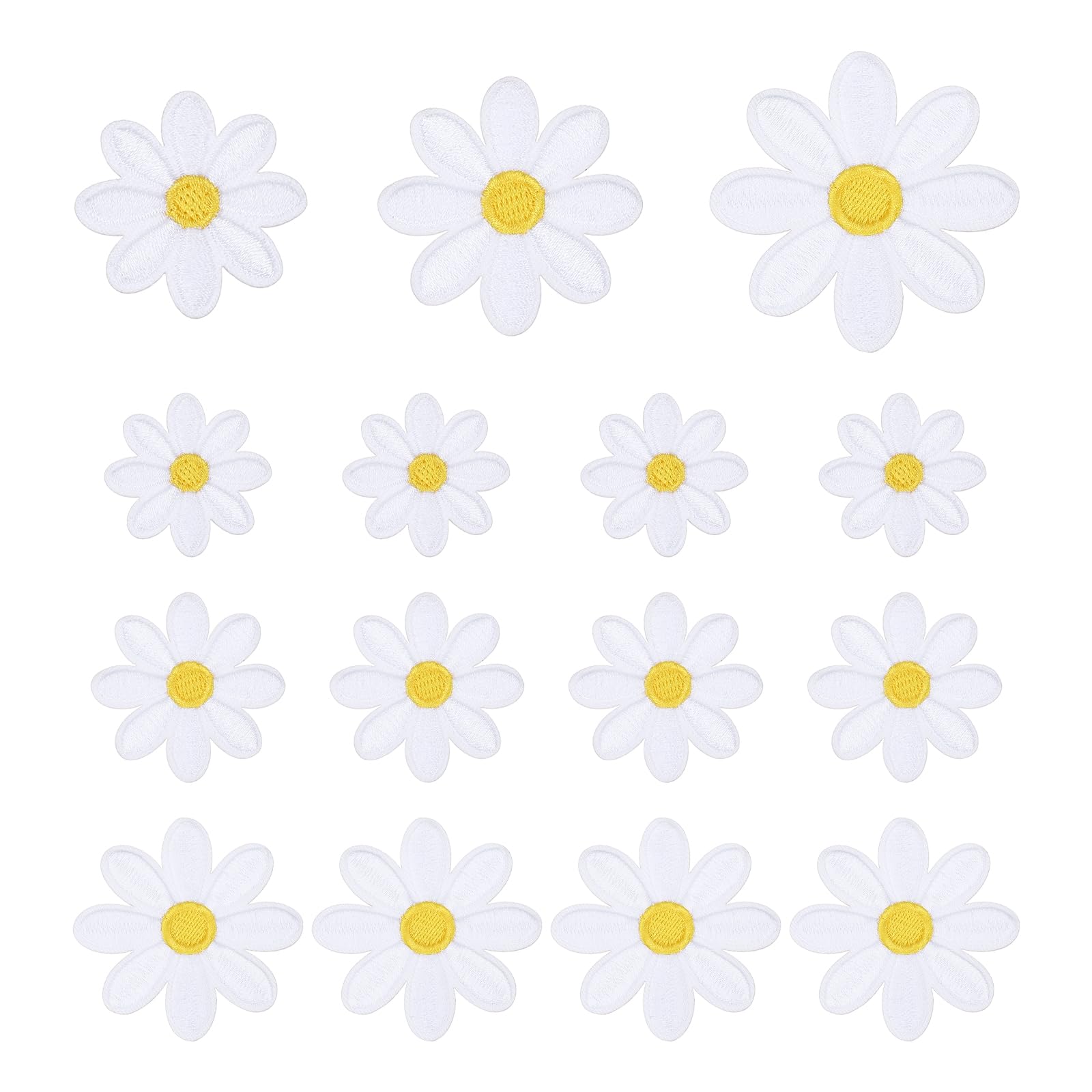 sourcing map 15 Pcs Daisy Flower Iron-on Patches, 3 Sizes 6.5/4.5/3cm Cute Sew Embroidery Applique Patches for Clothing Repair Backpack Shoes Decoration, White