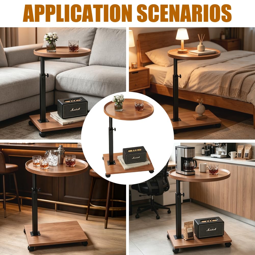 Tavolino girevole a 360°, tavolino con ruote, altezza regolabile 45-80 cm, forma a C, tavolino rotondo piccolo per divano, letto e ufficio (colore legno naturale)