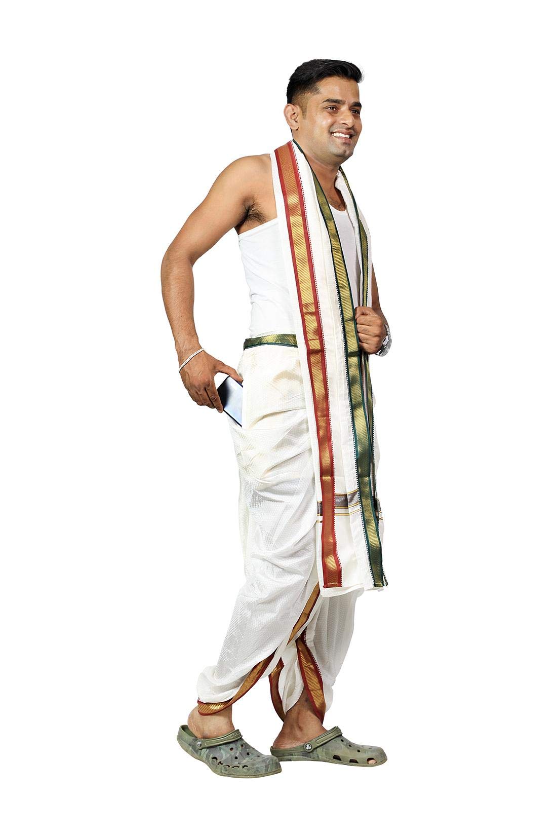 Men's Art Silk self Design Ready to wear White Panjakajam with pocket with towel- Mayil Kannu Border (AS-RTW-SD-M.KANNU-WHITE-010)-image-10