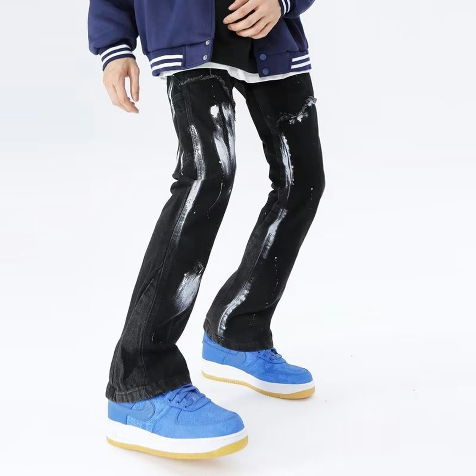 Jeans Hip-Hop Streetwear da Uomo, Pantaloni Leggermente Svasati-Nero-M