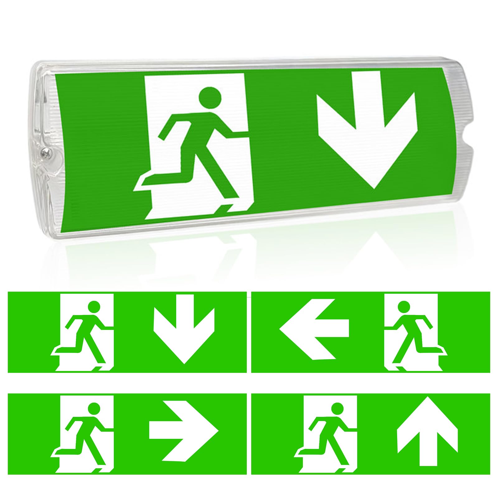 Panneau d'urgence LED professionnel avec éclairage de secours à batterie | Panneau de sortie de secours étanche IP65 | 4 pictogrammes de sécurité interchangeables | Charge automatique pour
