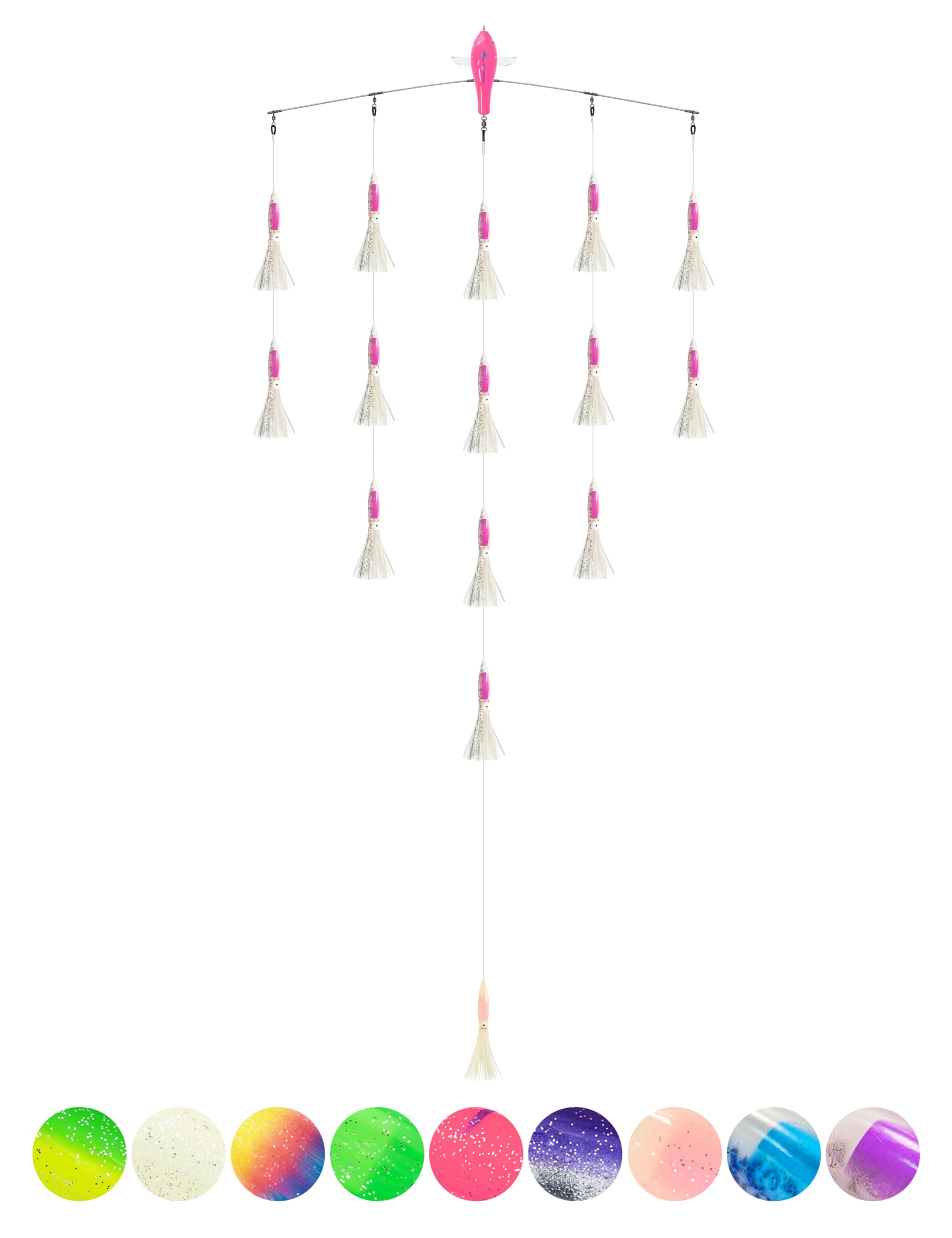 BLUEWING 36" Upgraded Fishing Spreader Bar Splasher Offshore Trolling Spreader Bar with 6" Bulb Squids and 316 Stainless Steel Rod for Wahoo Tuna Marlin Mahi Mahi, Crystal Purple