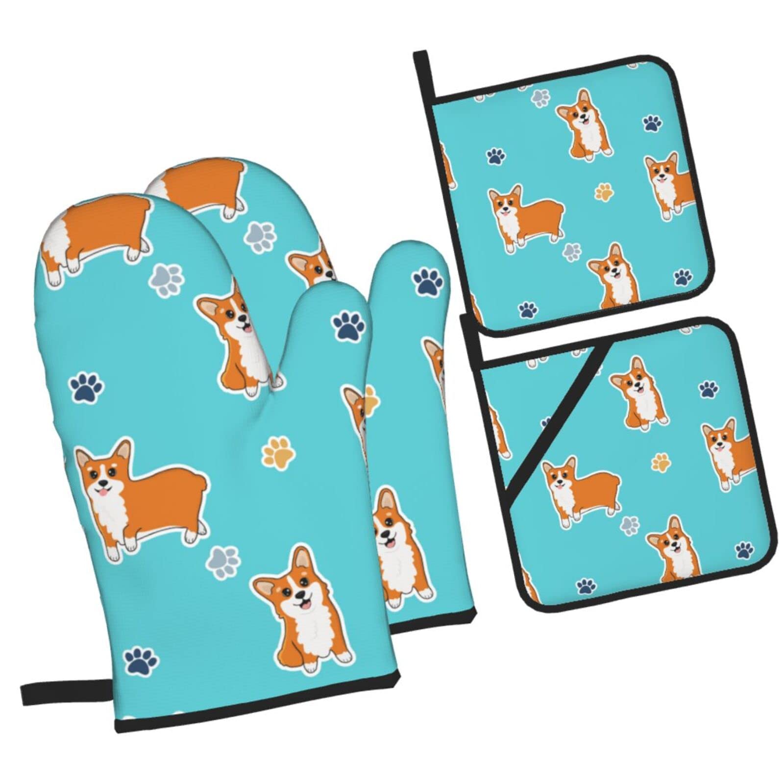 Corgi and Paw Oven Mitts and Pot Holders Sets, Christmas Oven Mitt Kitchen Heat Resistant Non-Slip Pot Holders Set for Cooking Baking BBQ