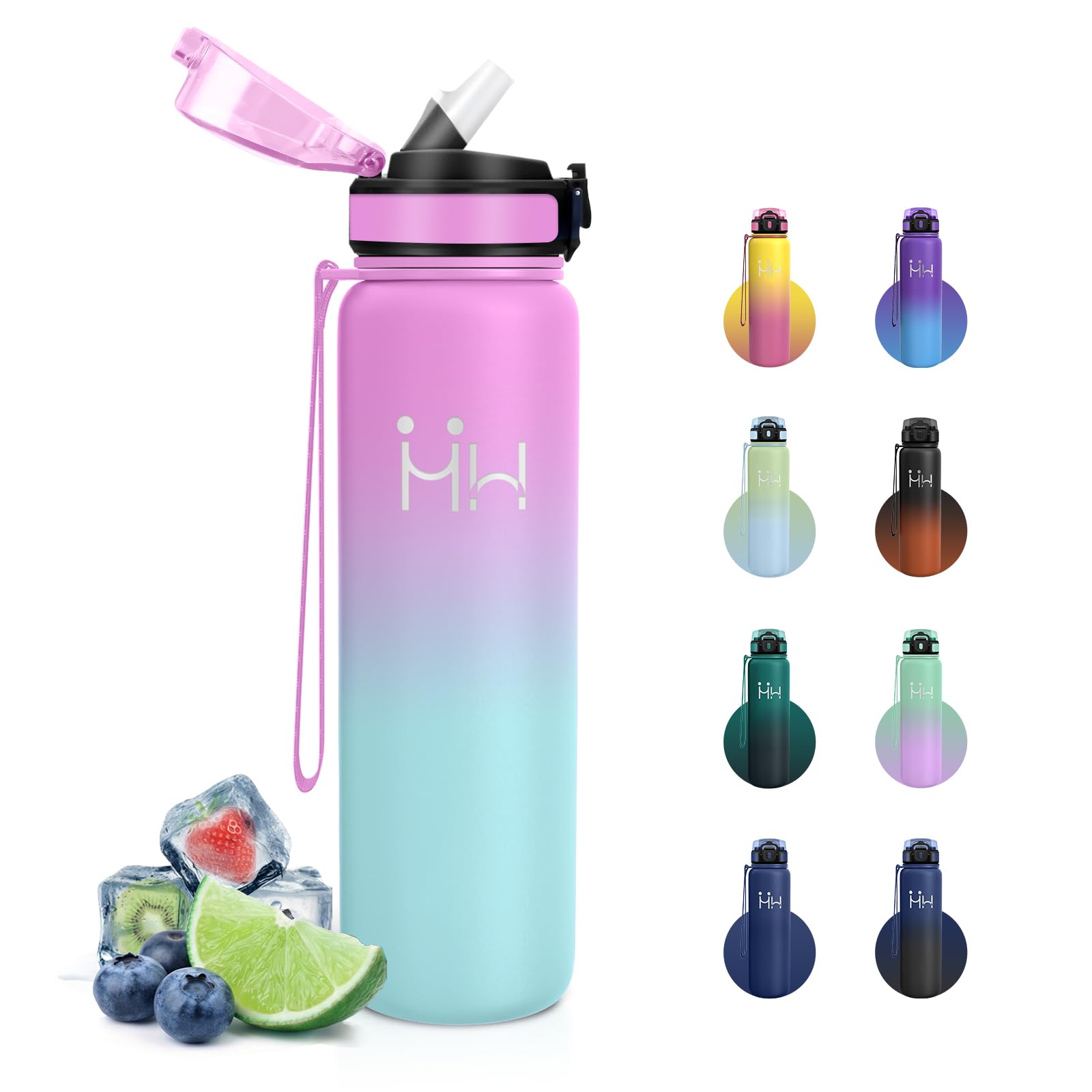 Gourde Inox 1LSport, Bouteille Isotherme avec Paille, Double Paroi Isolante, Réutilisable, sans BPA et Anti-Fuite, Bouteille D'eau pour Fitness, Camping, Bureau - 1