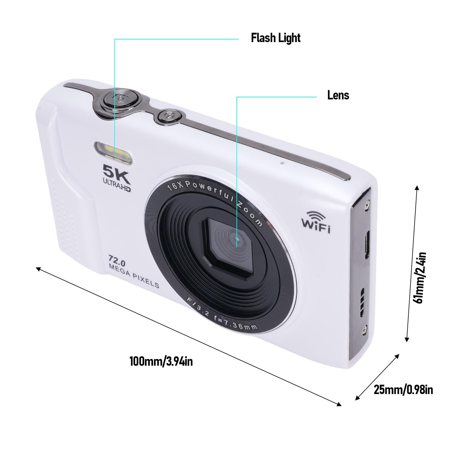 Fotocamera Digitale 5k per Fotografia, Fotocamera da vlog da 72 MP con Schermo LCD da 2,8 Pollici, AutoFocus 16x Digital Zoom Compact Camara per Principianti (WHITE)