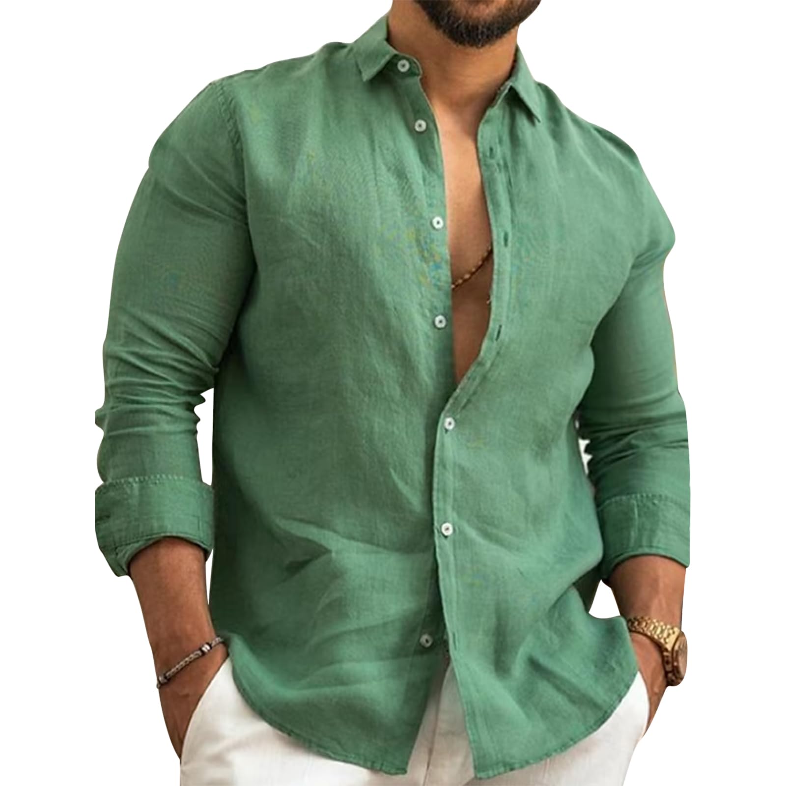 SearchI Camiseta de Algodón Lino Hombres Manga Corta/Larga Color Sólido Camisetas Elegante Henley Camisas con Botónes Regular Fit Casual para Uso Diario, Playa, Negocios