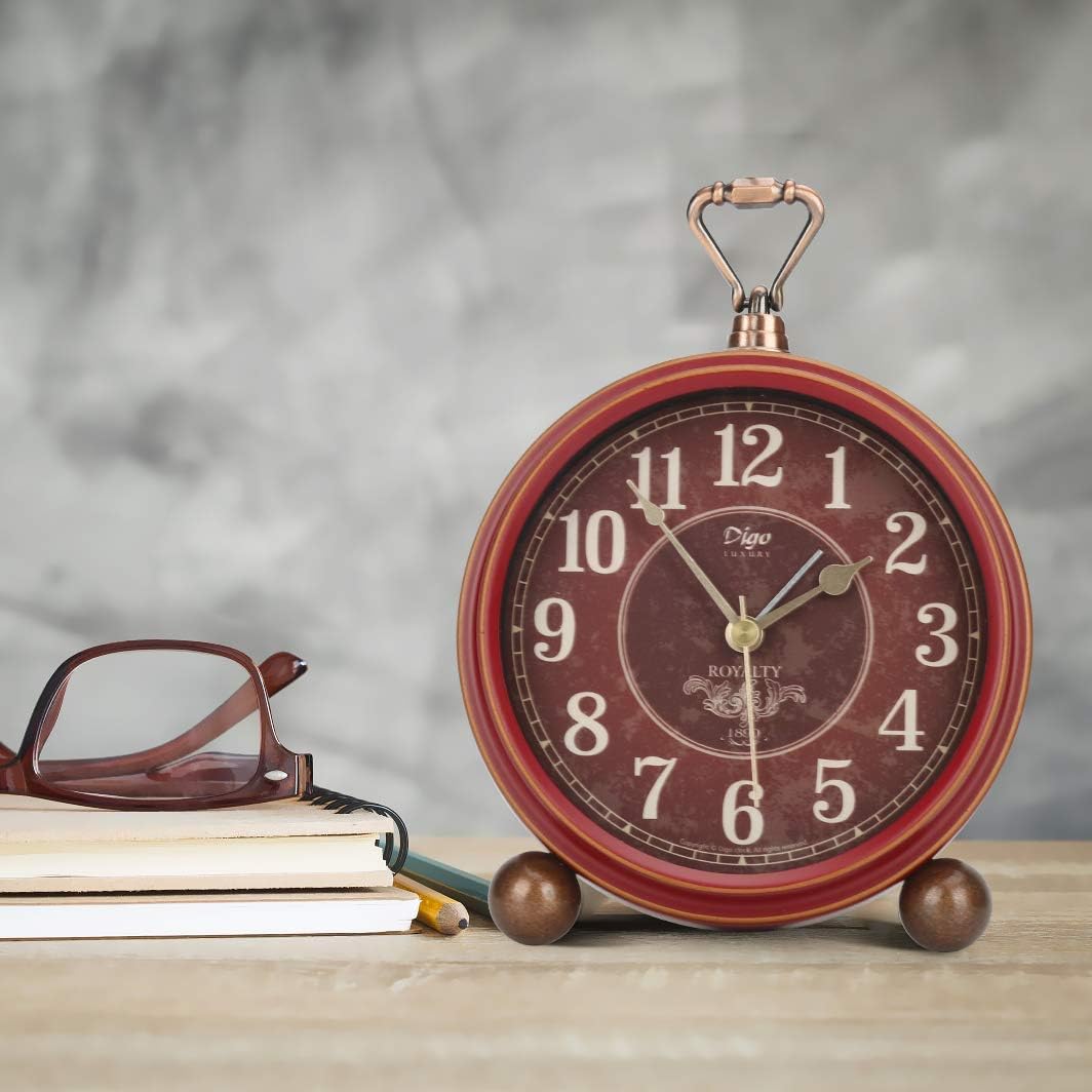 Number-one Classic Retro Alarm Clock, Red Vintage Non-Ticking Table Desk Small Alarm Clock, Battery Operated Silent Quartz Movement HD Glass for Bedroom Living Room Indoor Decoration
