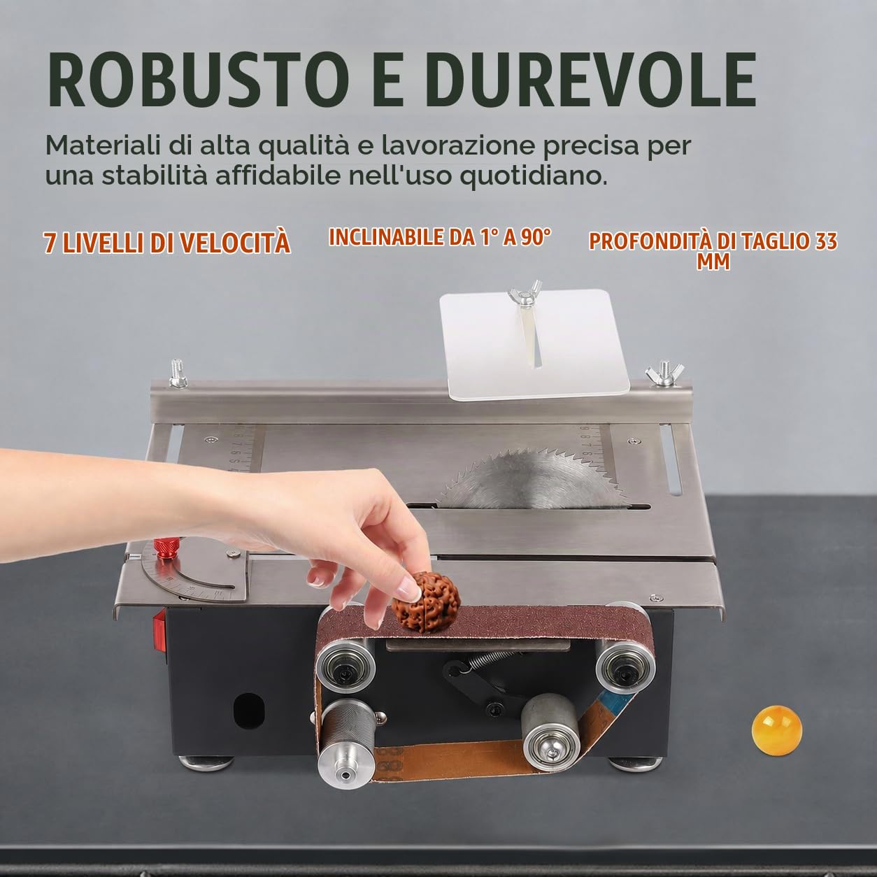 Sega circolare da tavolo con cinghia abrasiva, 200 W, 10000 giri/min, mini sega da tavolo, 7 marce, profondità di taglio 33 mm