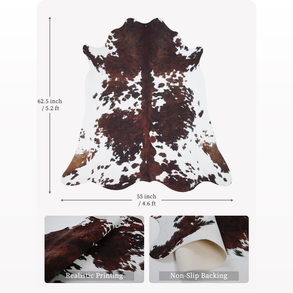 Faux Cowhide Rug Cow Print Rug 4.6x5.2,Cow Hide Rugs for Living Room Bedroom Dining Room Home Office Brown Animal Print Carpet Western for Home Decor