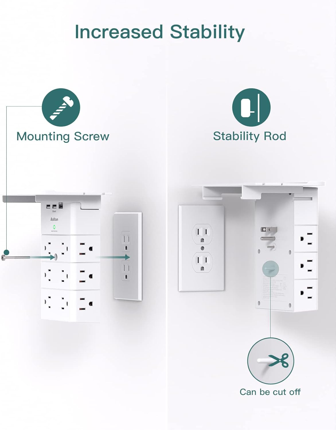 Addtam Wall Outlet Extender installation steps with mounting screw and stability rod