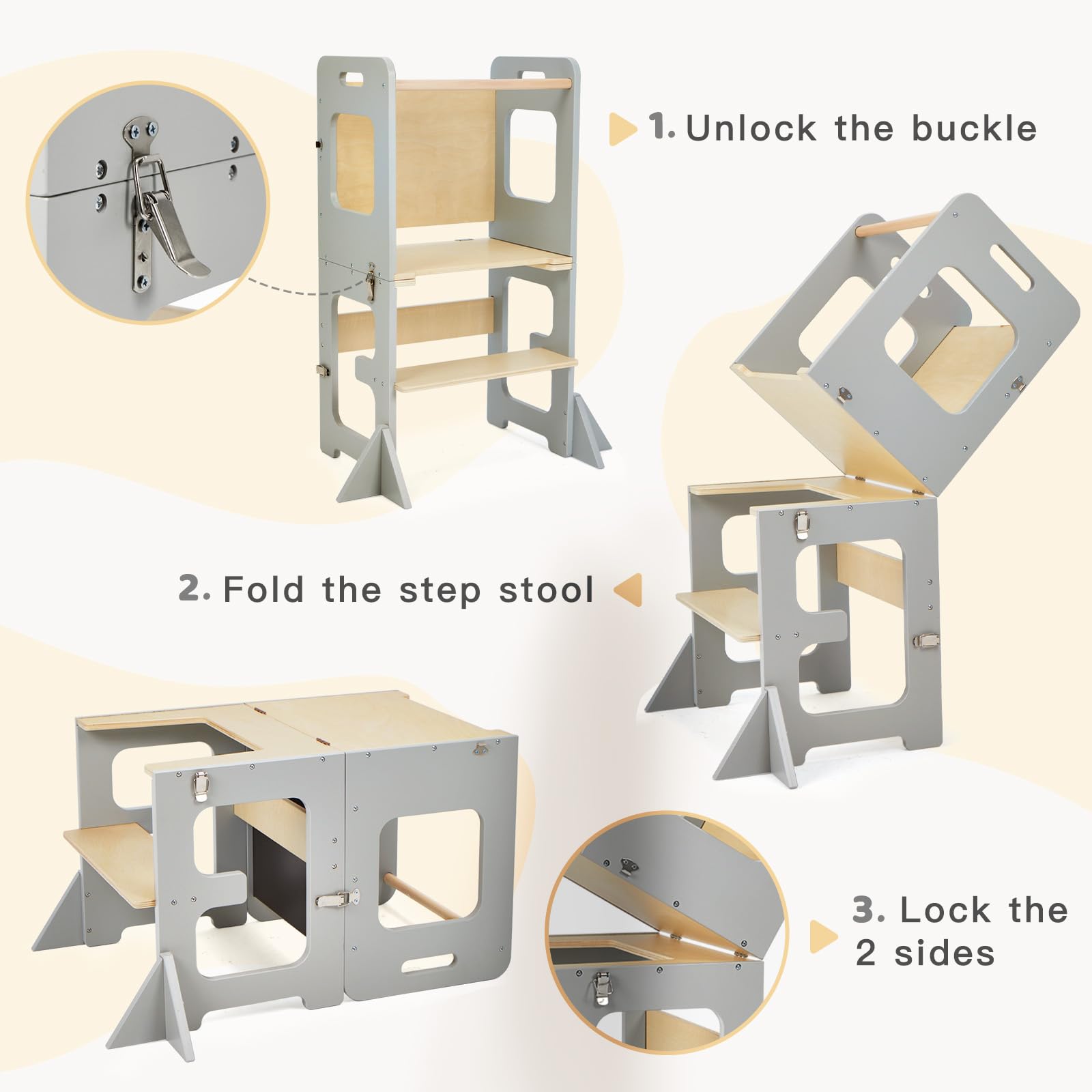 labebe Torre Montessori per bambini, Pieghevole Learning tower con lavagna, Multifunzione 3 in 1 Torre di apprendimento, Torre a partire da 1 anno （Grau）