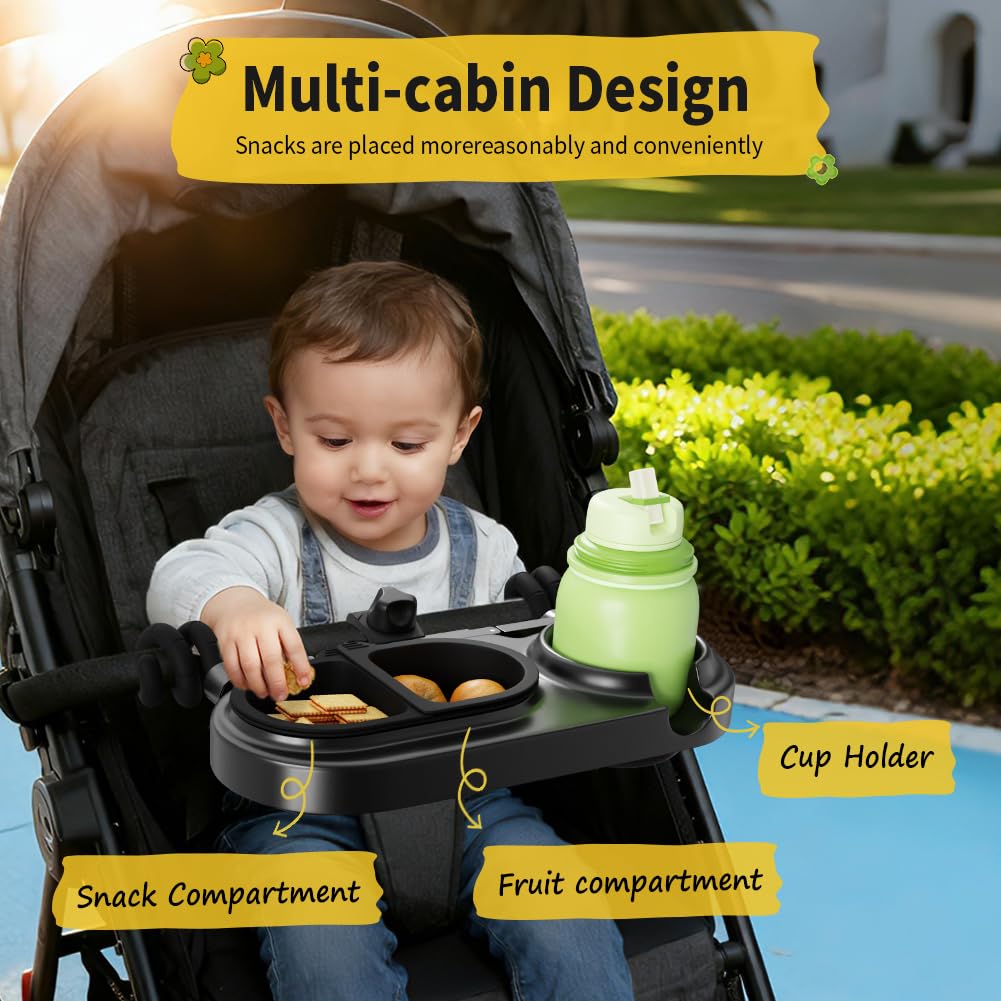 Universal Stroller Snack Tray, Stroller Tray Attachment with Flexible Silicone Arm Gripper & Deep Cup Holder - Non-Slip Snack Tray for Strollers Accessories