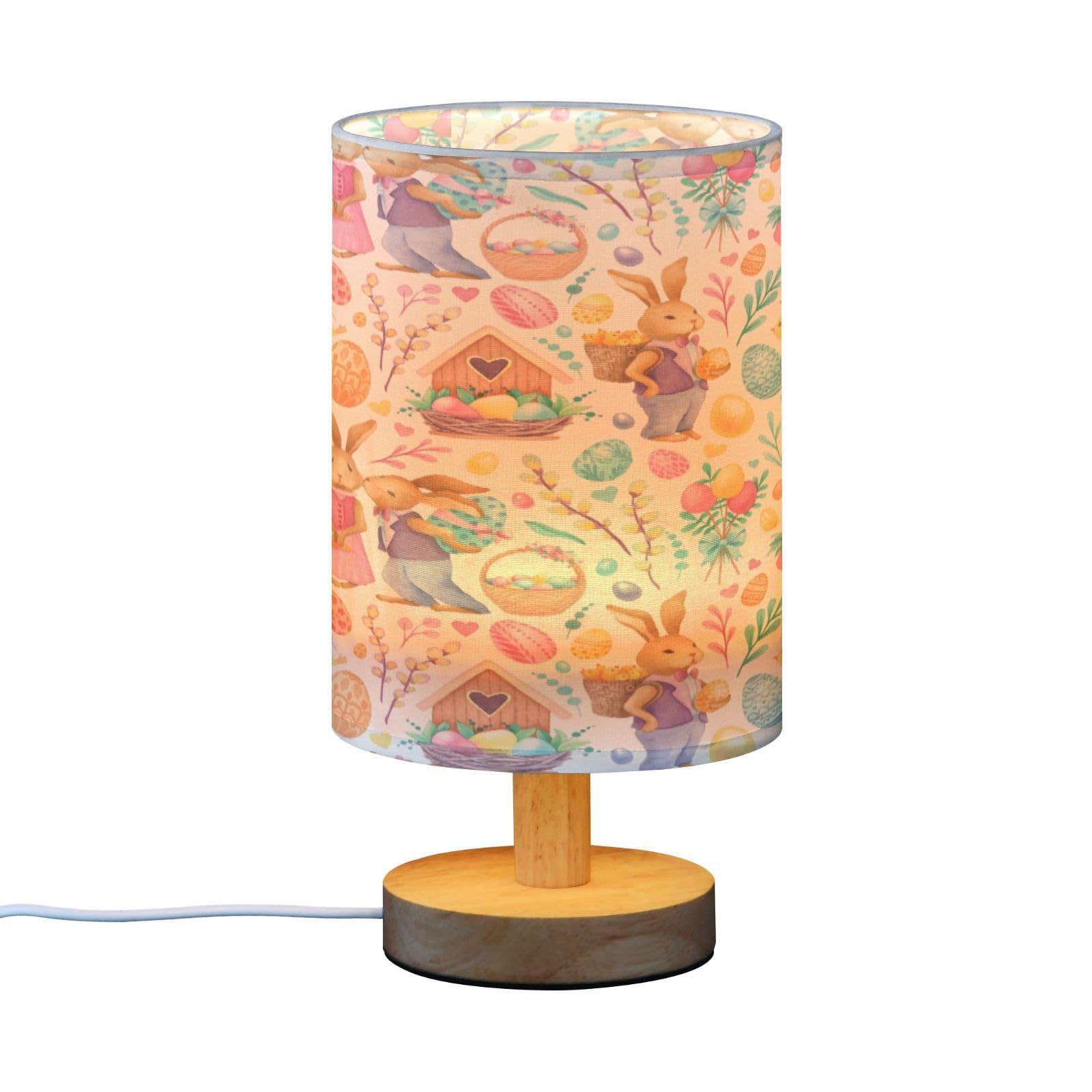 SDMKA Easter Bunnie Eggs Bedside Table Lamp for Bedroom, Minimalist Nightstand Lamp with Round Fabric Shade for Living Room, Office, No Bulb Required