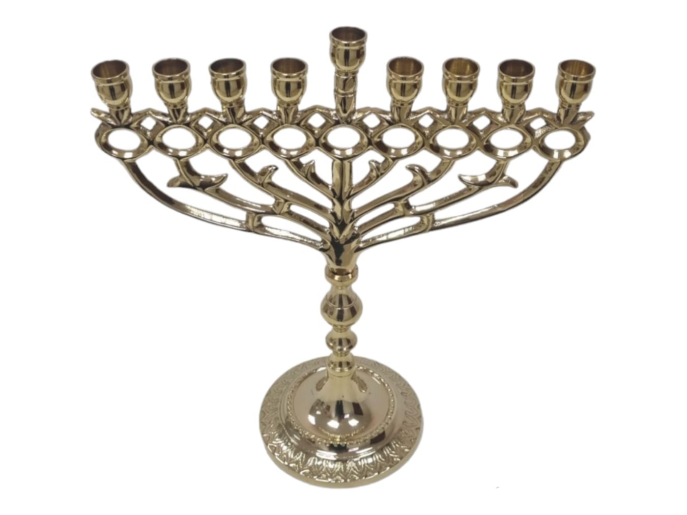 Hanukkah Hanukkia Menorah Pomegranate design 9 Branches Brass menorahs for chanukah Candle Holder size 10 inch (Gold)