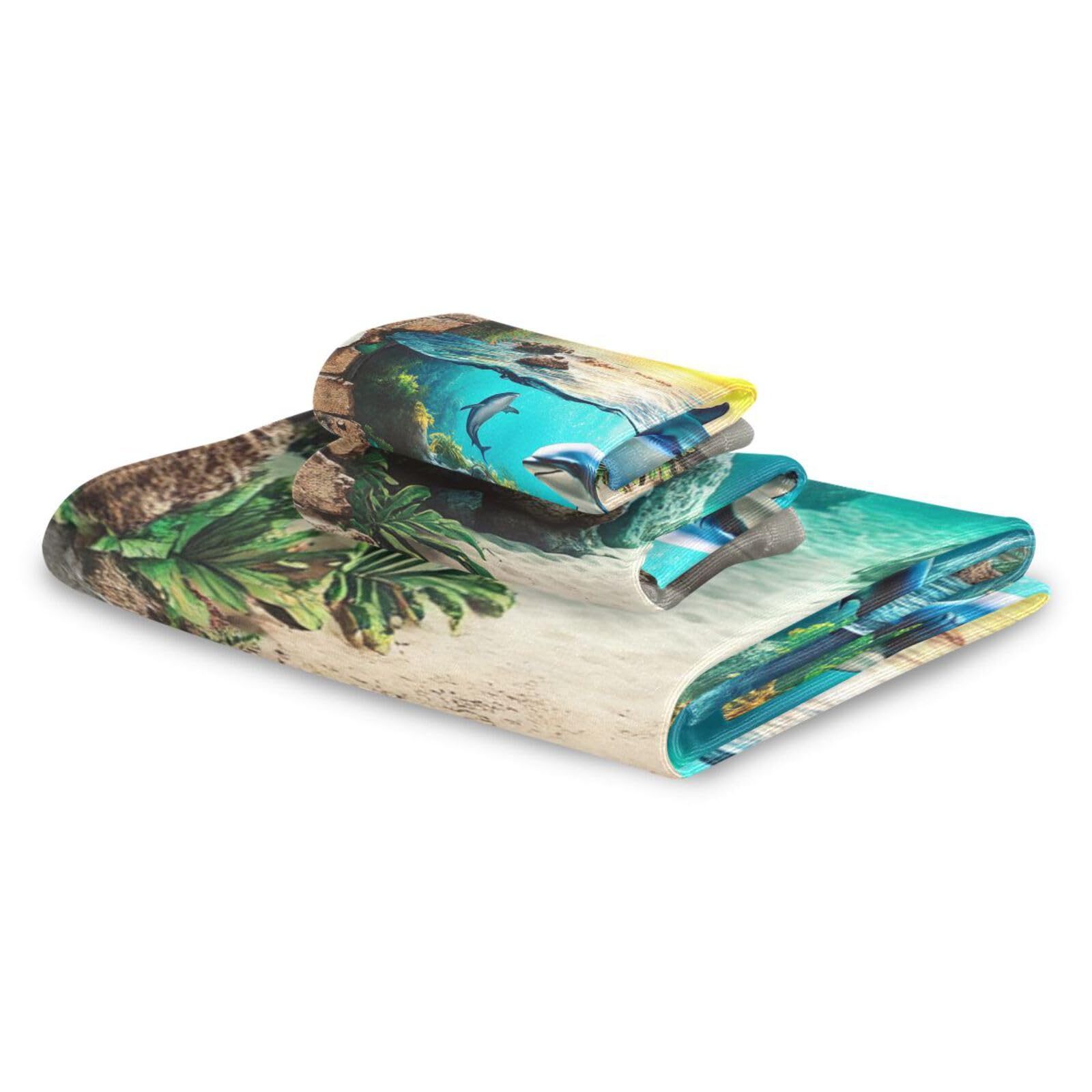 3D-Loch-Duschhandtuch-Set, weiße Wand, Ozean, Tiere, Fische, Meer, Gesicht, Handtücher, 1 Badetuch, 1 Handtuch, 1 Waschlappen für Yoga, Badezimmer, Küche