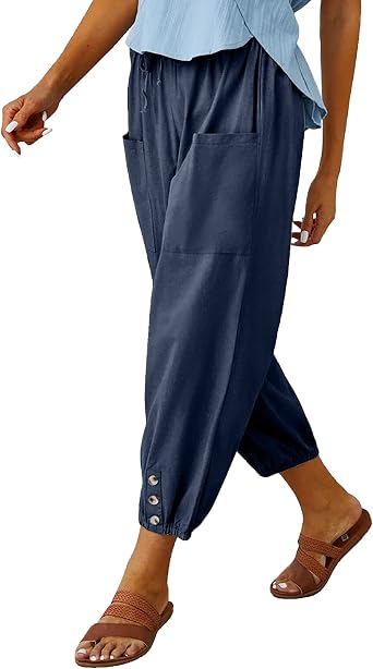 WROLEM Womens High Waist Pants Wide Leg Cropped Casual Drawstring Vacation Capris with Pockets for Women