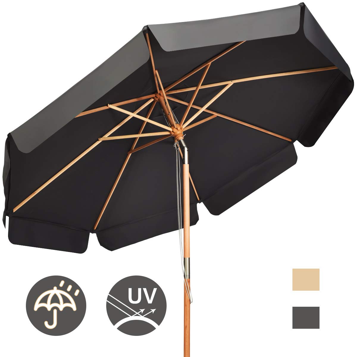 KOMFOTTEU 3M parasol de jardin en bois de hêtre inclinable, imperméable et protection solaire, parasol de plage avec 8 baleines, pour jardin, balcon, terrasse, gris, 300cm x 253cm