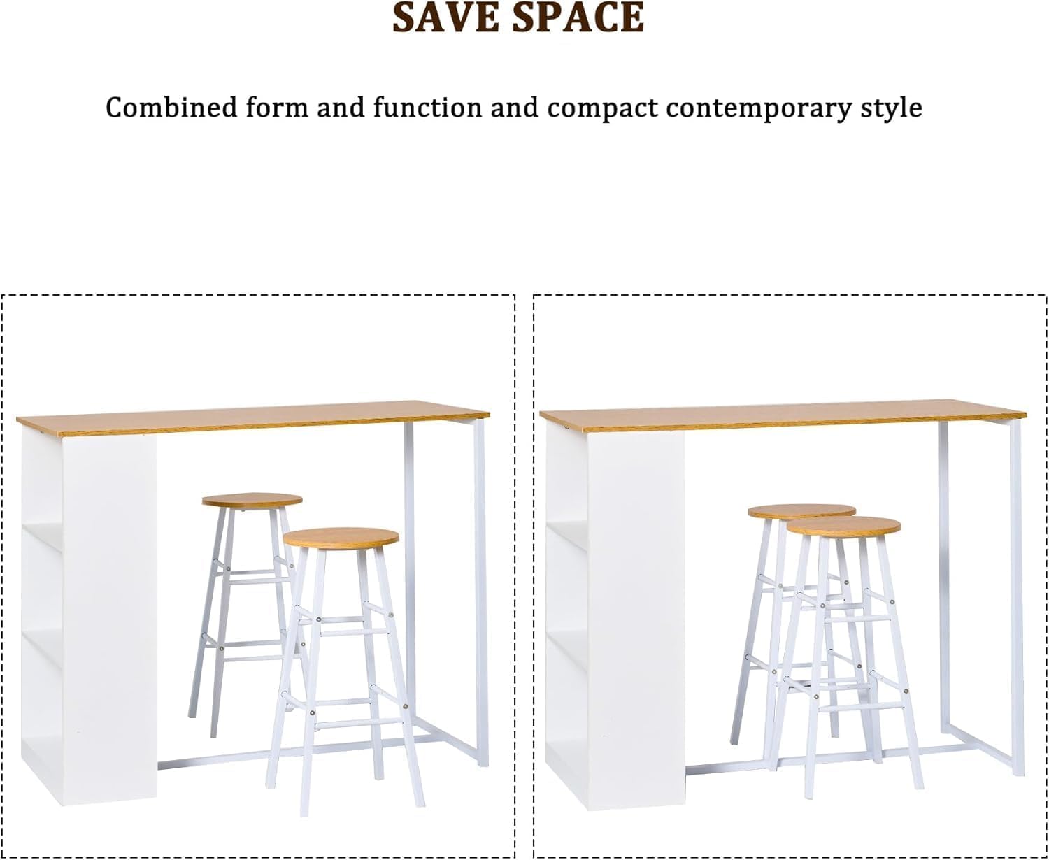 soges Juego de bar con mesa de bar y 2 taburetes altos, 91 x 49,5 x 91 cm, mesa de comedor, mesa de restaurante, mesa de pub con estante de almacenamiento de 3 niveles.