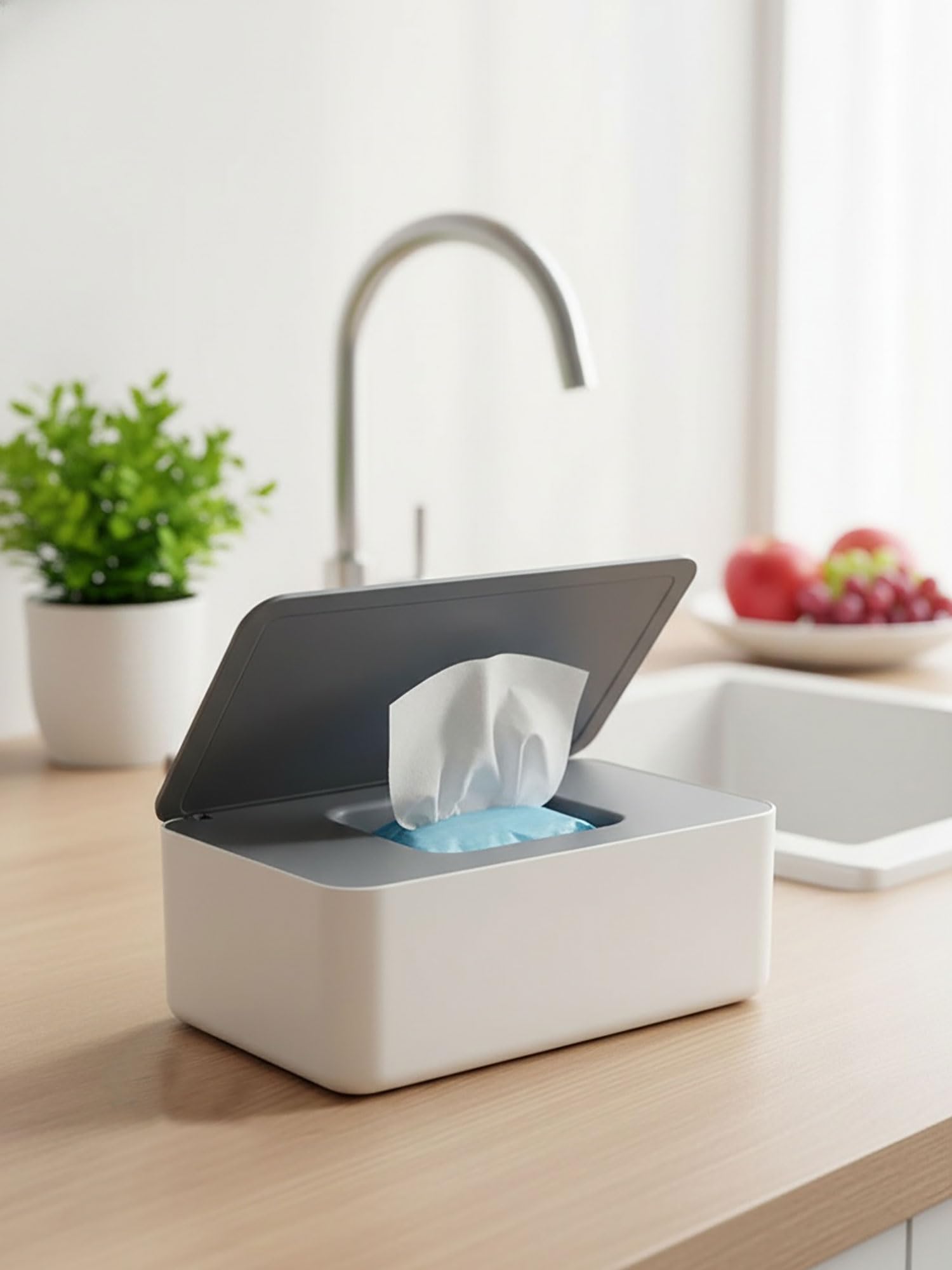 Wet Wipe Dispenser with Lid - Large Capacity for Home, Office & Cars, Gray+White — view 5