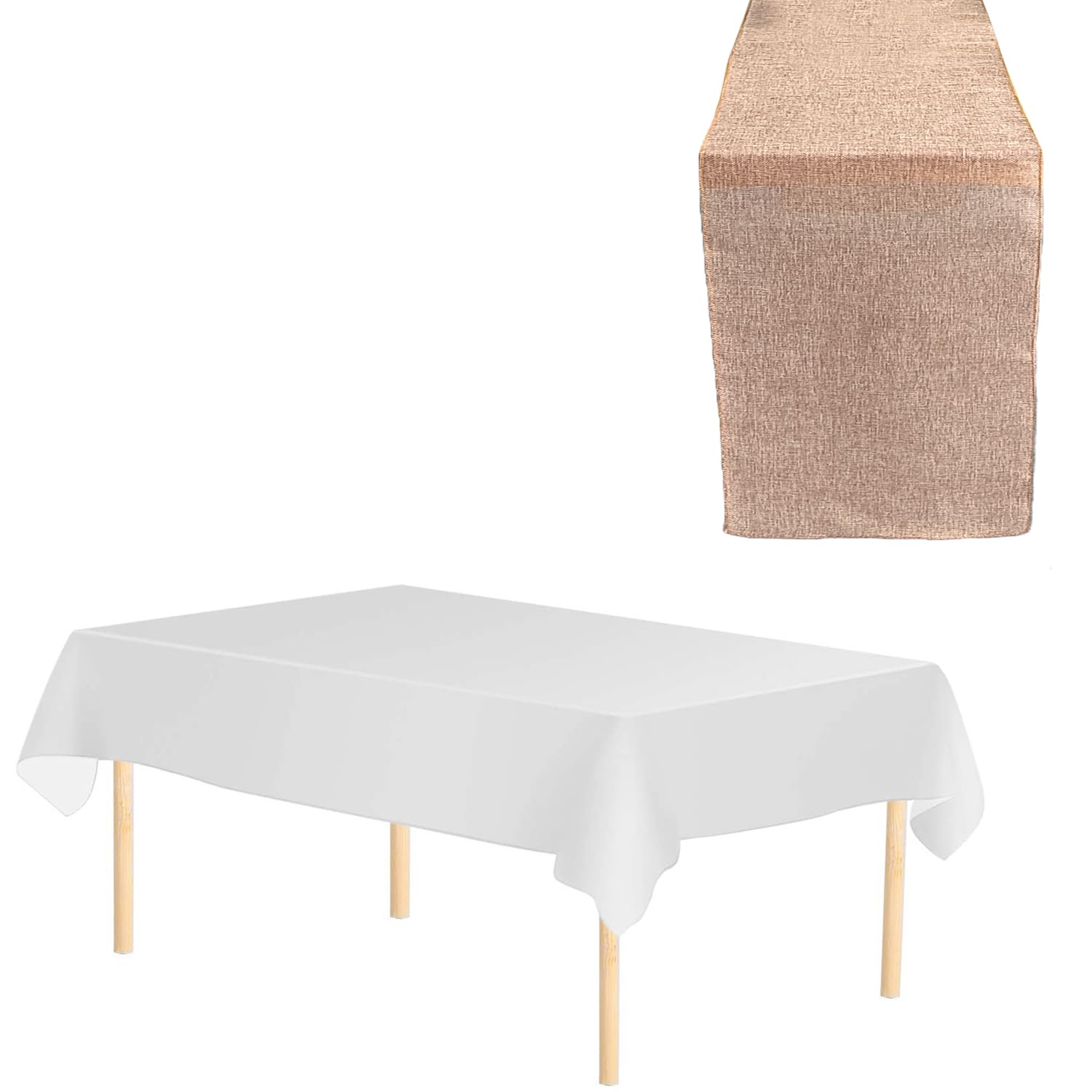 WedDecor 2pcs Pink Hessian Table Runner with White Tablecloth Set