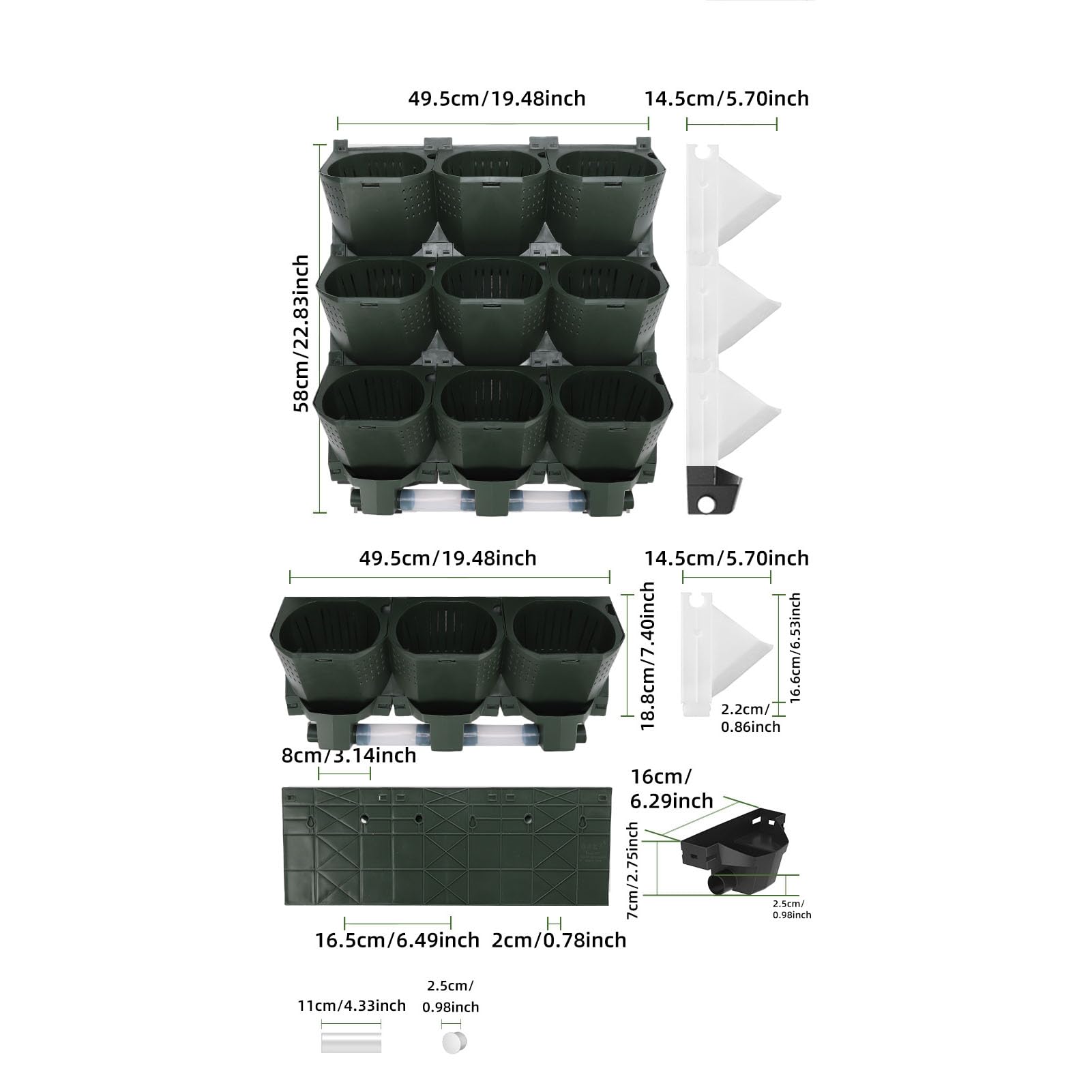 PUSOKEI Pionowe Donice ścienne z 9 Kieszeniami, Wiszący Organizer Roślin, | Wall Mounted Flower Pot Holder, PP Material, Drainage Holes, with Water Collection Trays for Vegetables Balcony Garden