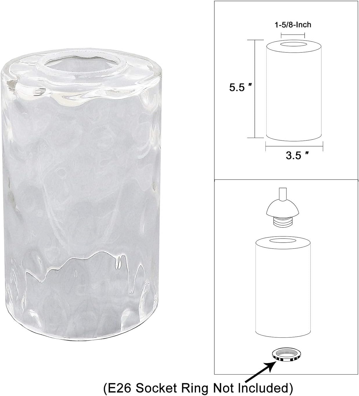2 Pack Clear Water Ripple Glass Shade, Cylinder Light Fixture Replacement Globe or Cover with 1-5/8-Inch Fitter for Wall Sconce Chandelier Pendant Light, G0002