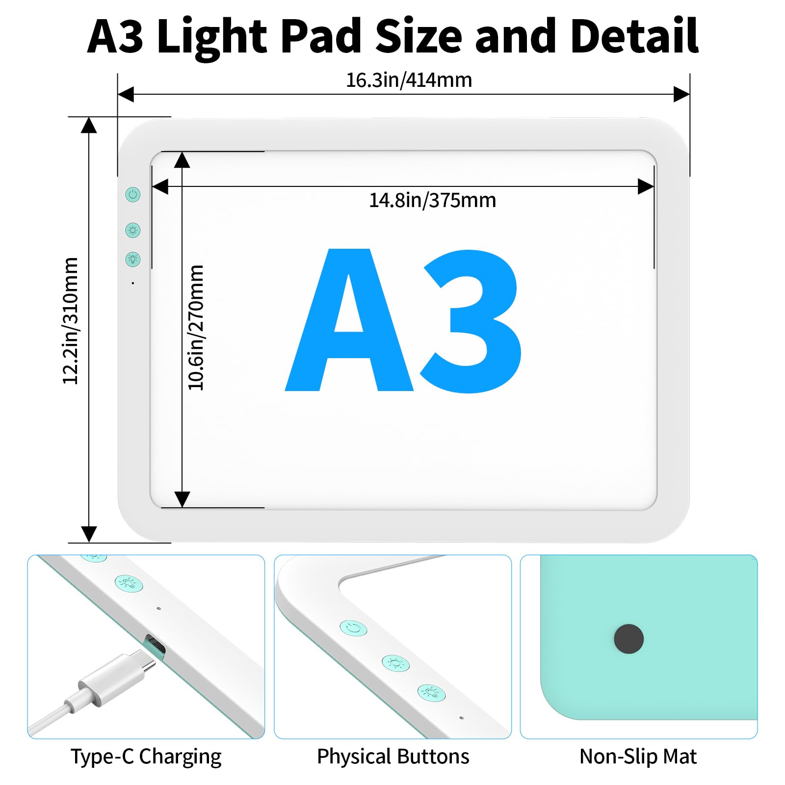TOHETO Tablette lumineuse LED rechargeable A3 super lumineuse avec sac de transport pour outil de désherbage Cricut, batterie portable sans fil 3500 mAh pour traçage, peinture diamant, croquis et