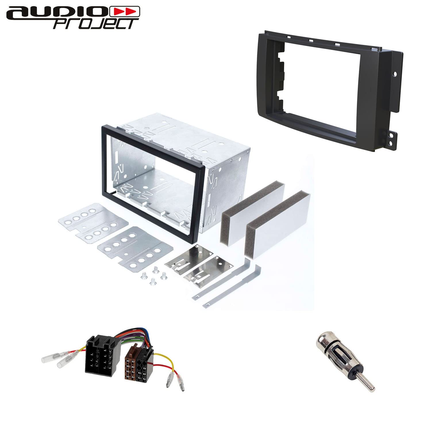 Audioproject A447 - Autoradio Radioblende Set Doppel DIN 2 DIN kompatibel mit SMART ForTwo 451 ab 2007 - SMART ForFour 454 ab 2004 Cabrio Metall Einbauschacht Radioadapter Antennenadapter