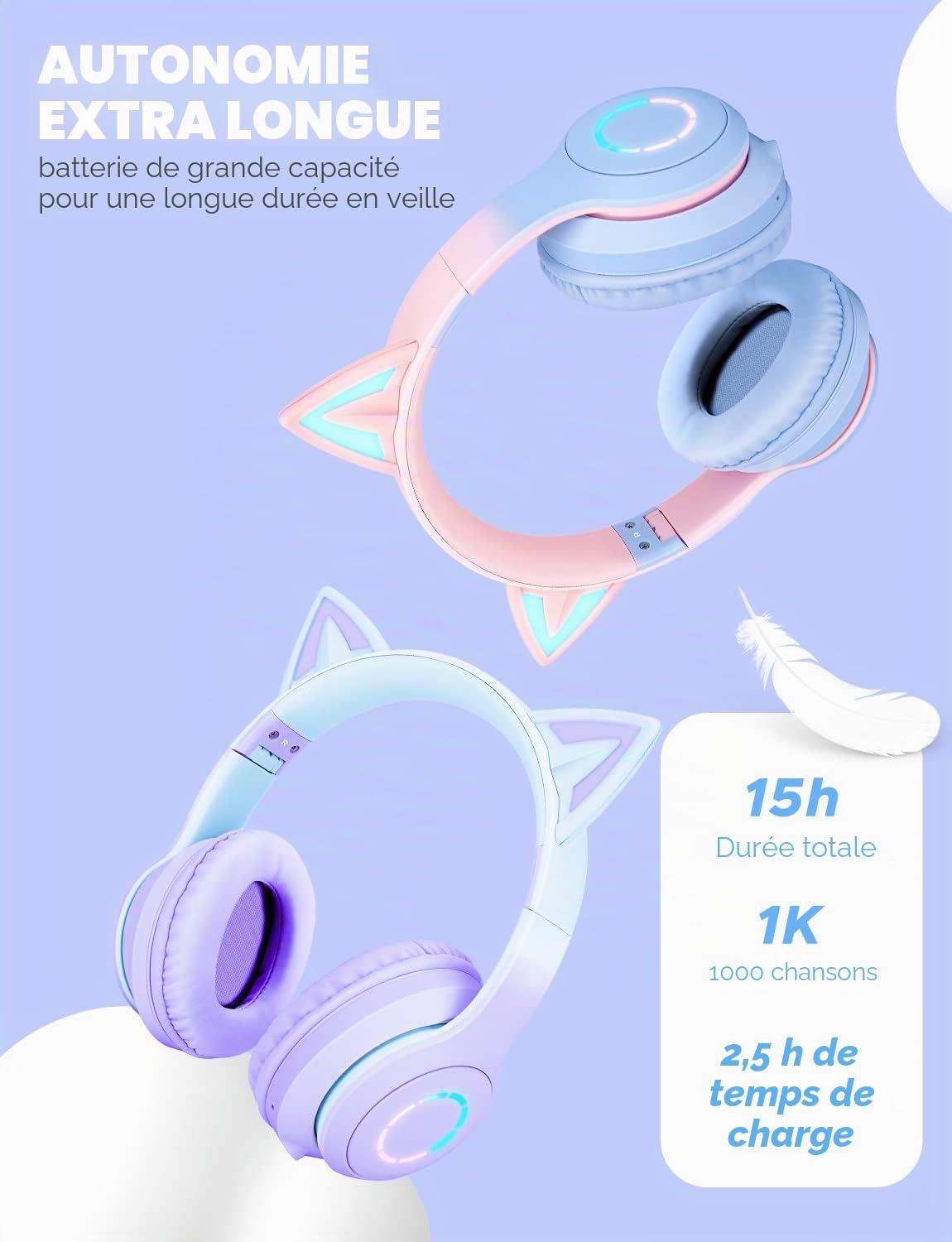Casque Audio Enfant, Casque sans Fil Bluetooth Réglable avec Oreilles de Chat, Lumière LED et Microphone, Casque sans Fil et Filaire pour Enfants et Fille 2 3 4 5 6 7 8 9 10 Ans